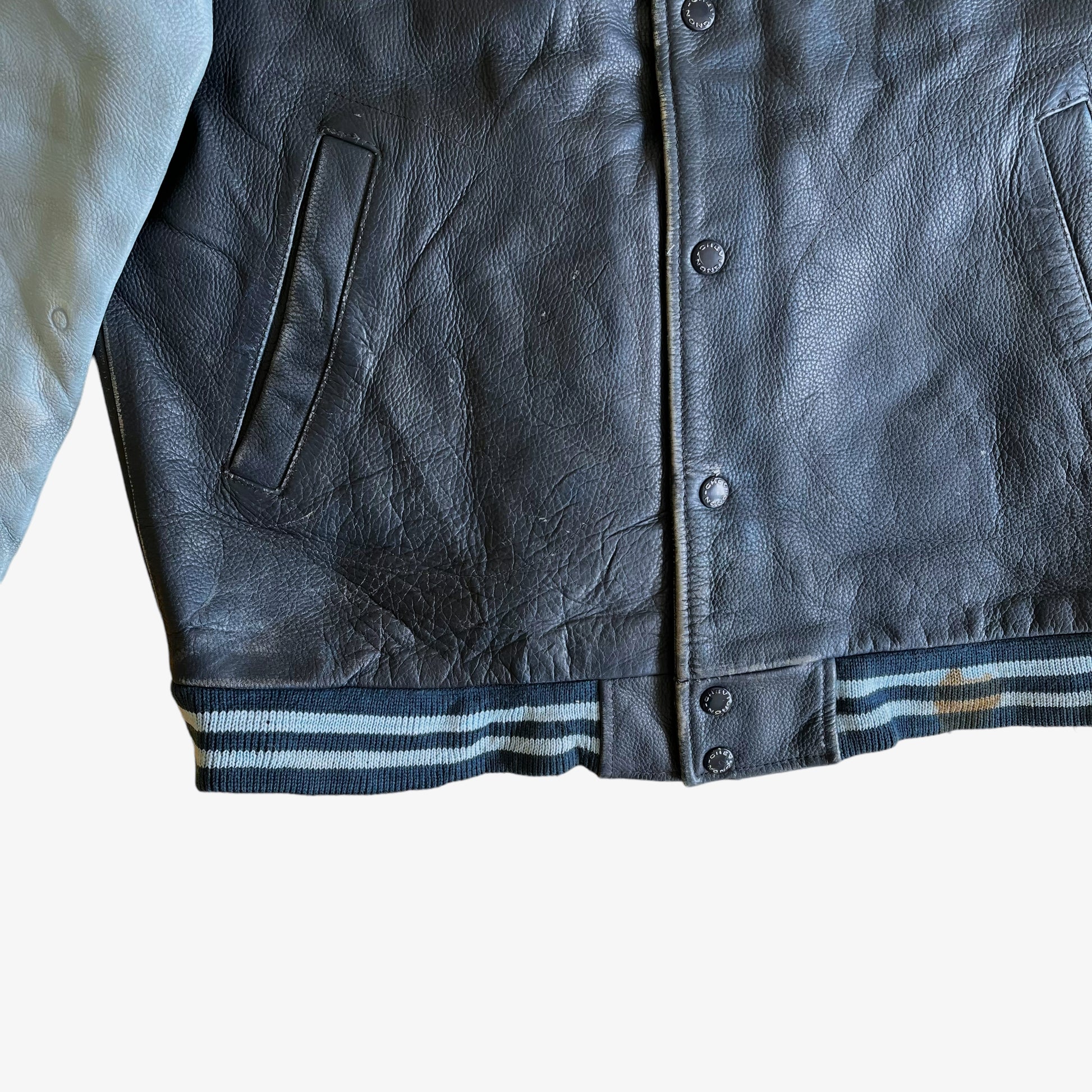 Vintage 90s Chevignon Champs Crew Blue Leather Varsity Jacket Pocket - Casspios Dream