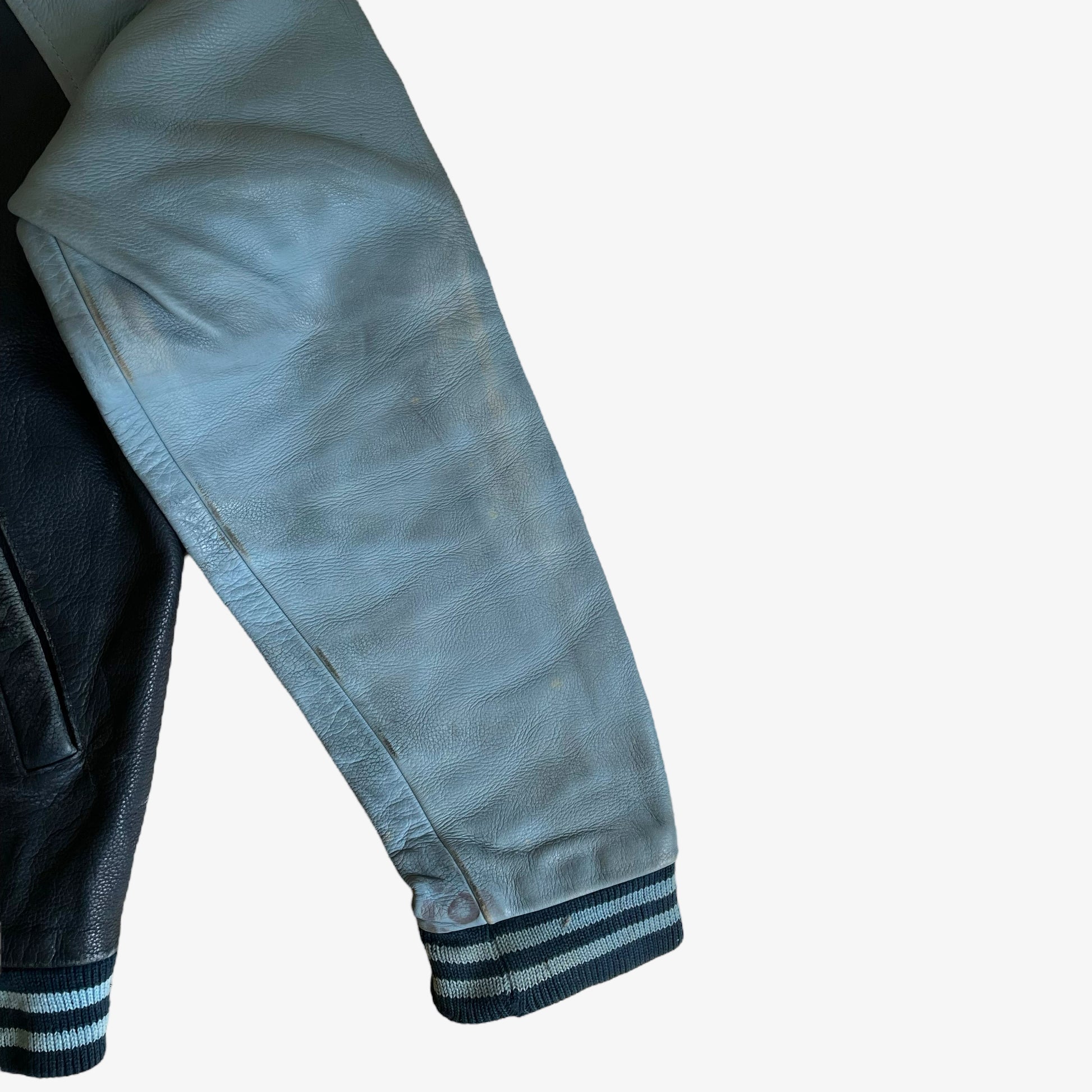 Vintage 90s Chevignon Champs Crew Blue Leather Varsity Jacket Sleeve - Casspios Dream