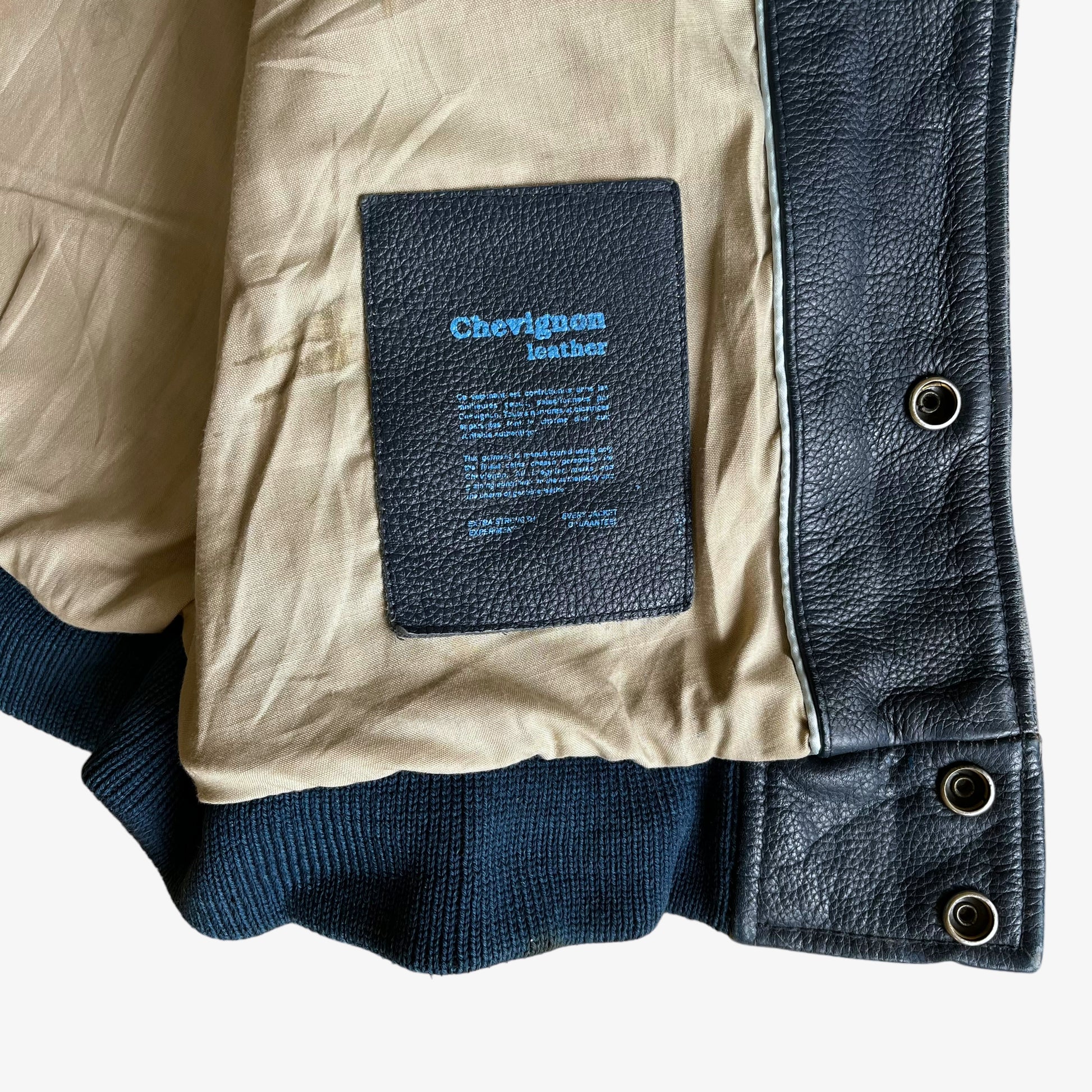 Vintage 90s Chevignon Champs Crew Blue Leather Varsity Jacket Tag - Casspios Dream