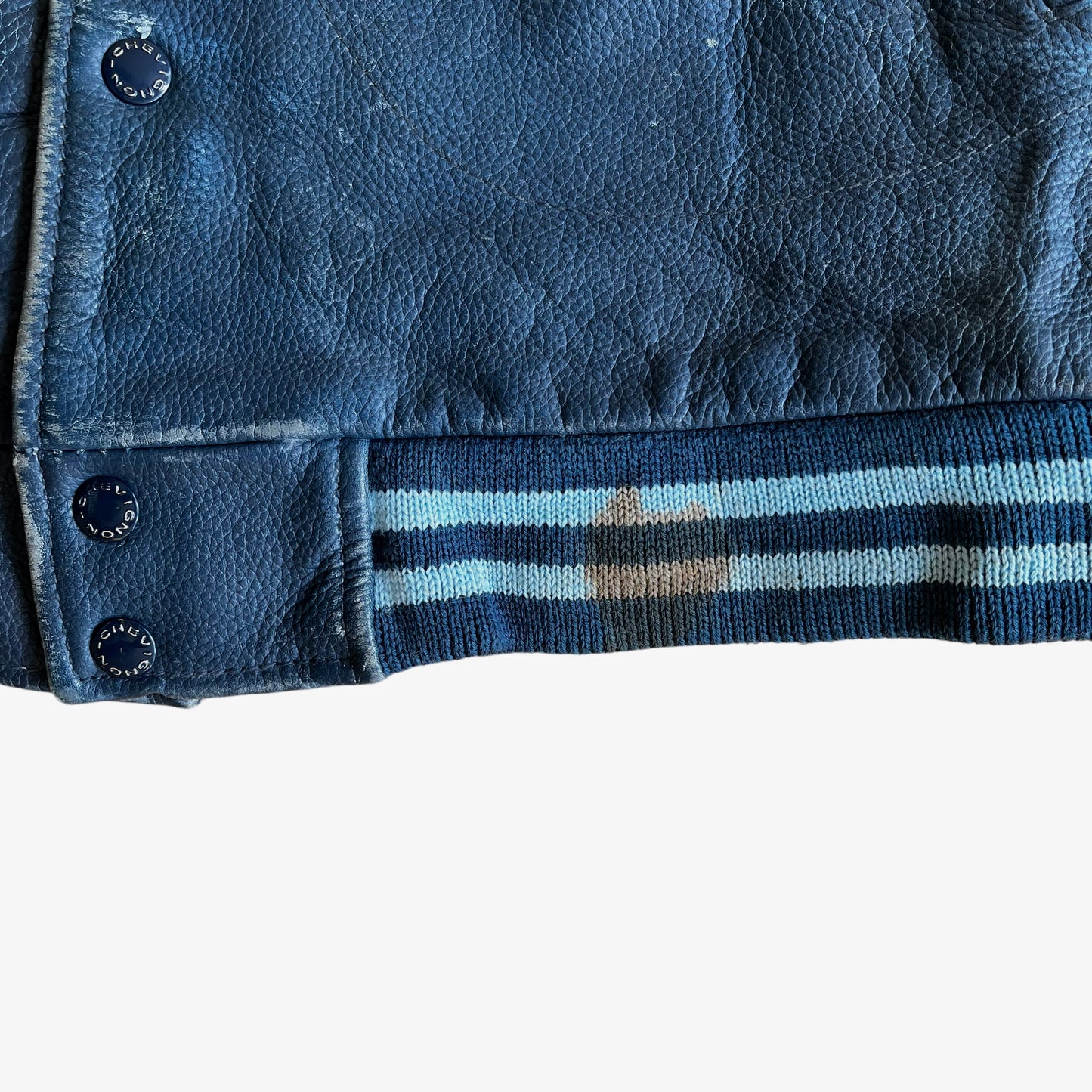 Vintage 90s Chevignon Champs Crew Blue Leather Varsity Jacket Wear - Casspios Dream