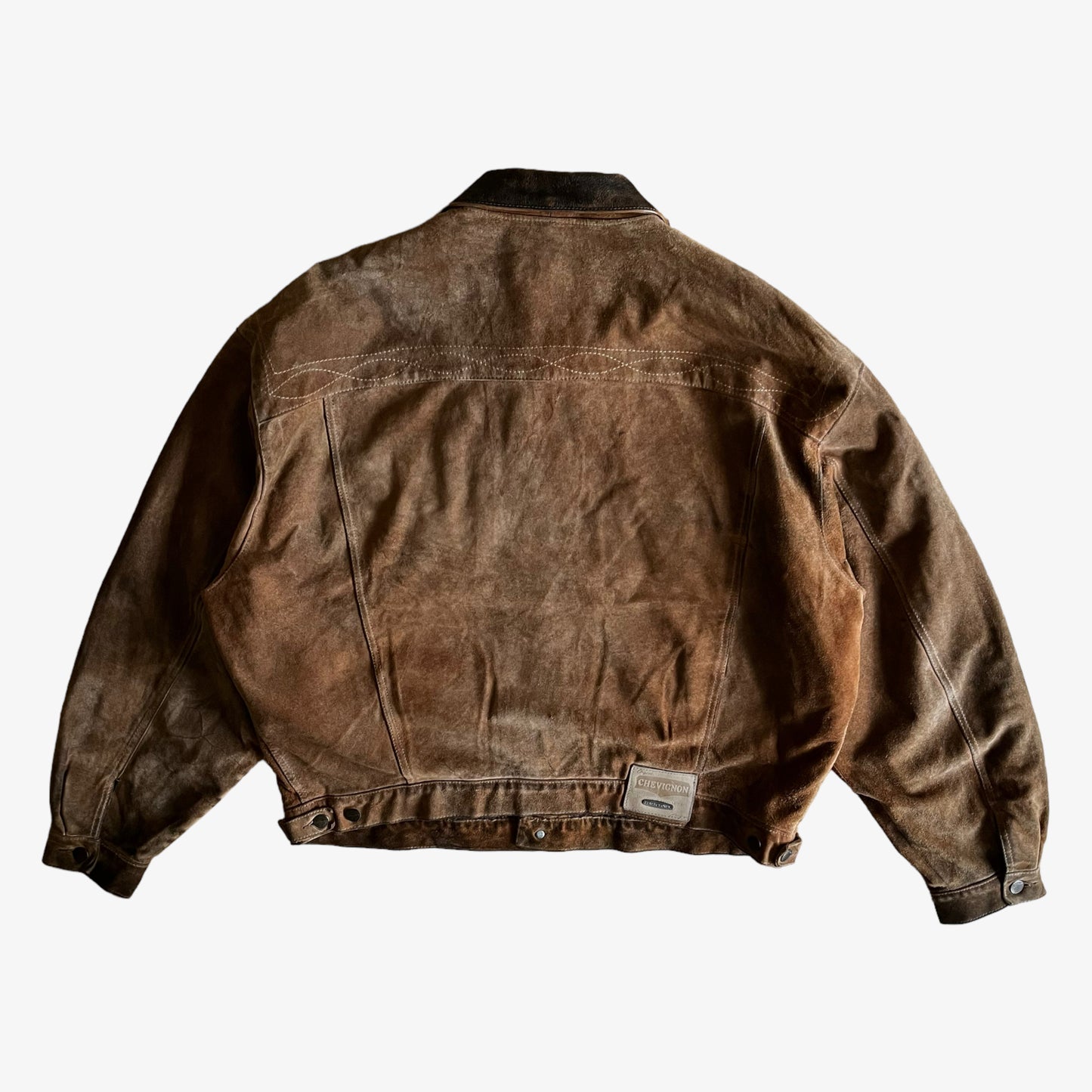 Vintage 90s Chevignon Frontier Brown Leather Trucker Jacket Back - Casspios Dream