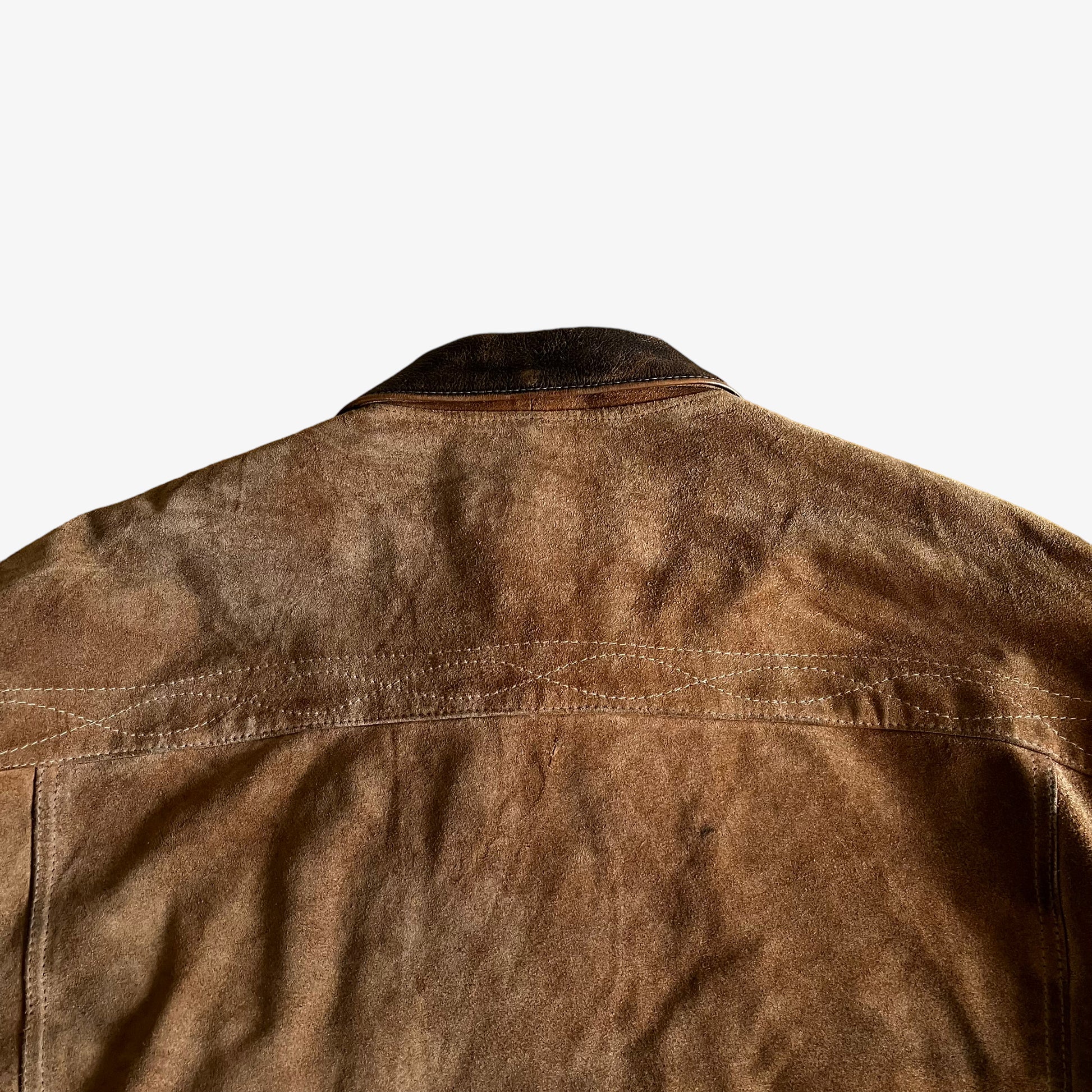 Vintage 90s Chevignon Frontier Brown Leather Trucker Jacket Back Collar - Casspios Dream