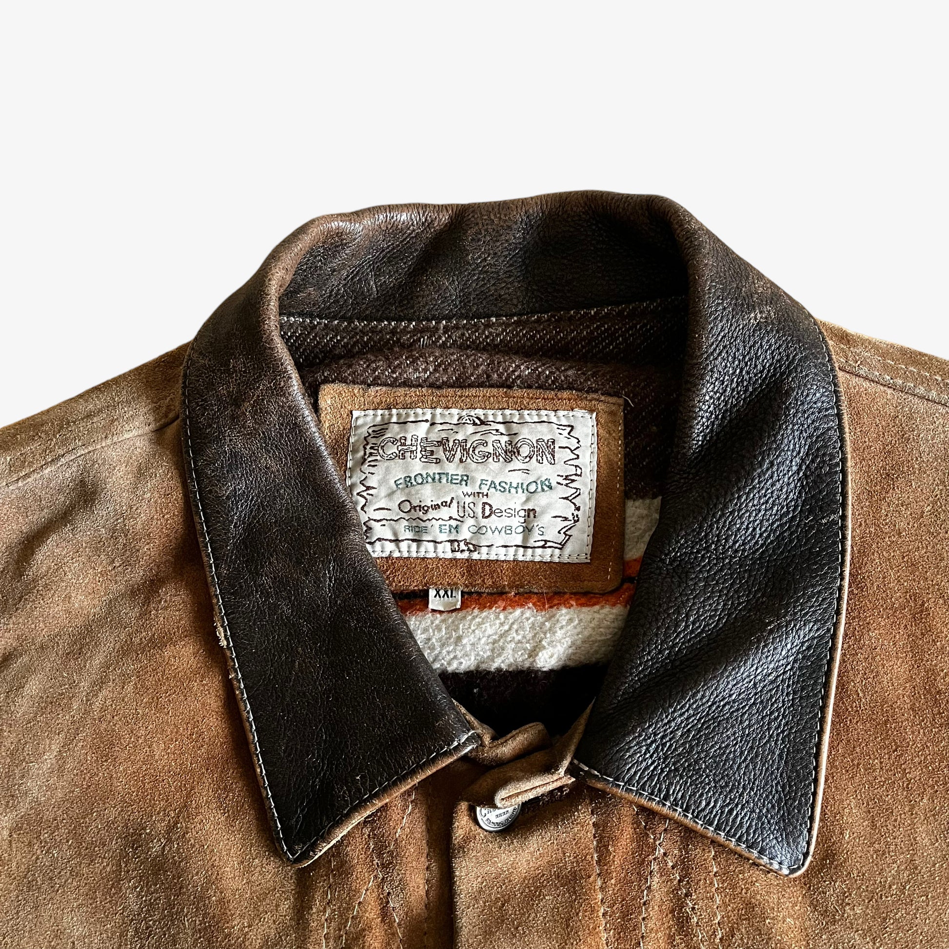 Vintage 90s Chevignon Frontier Brown Leather Trucker Jacket Label - Casspios Dream