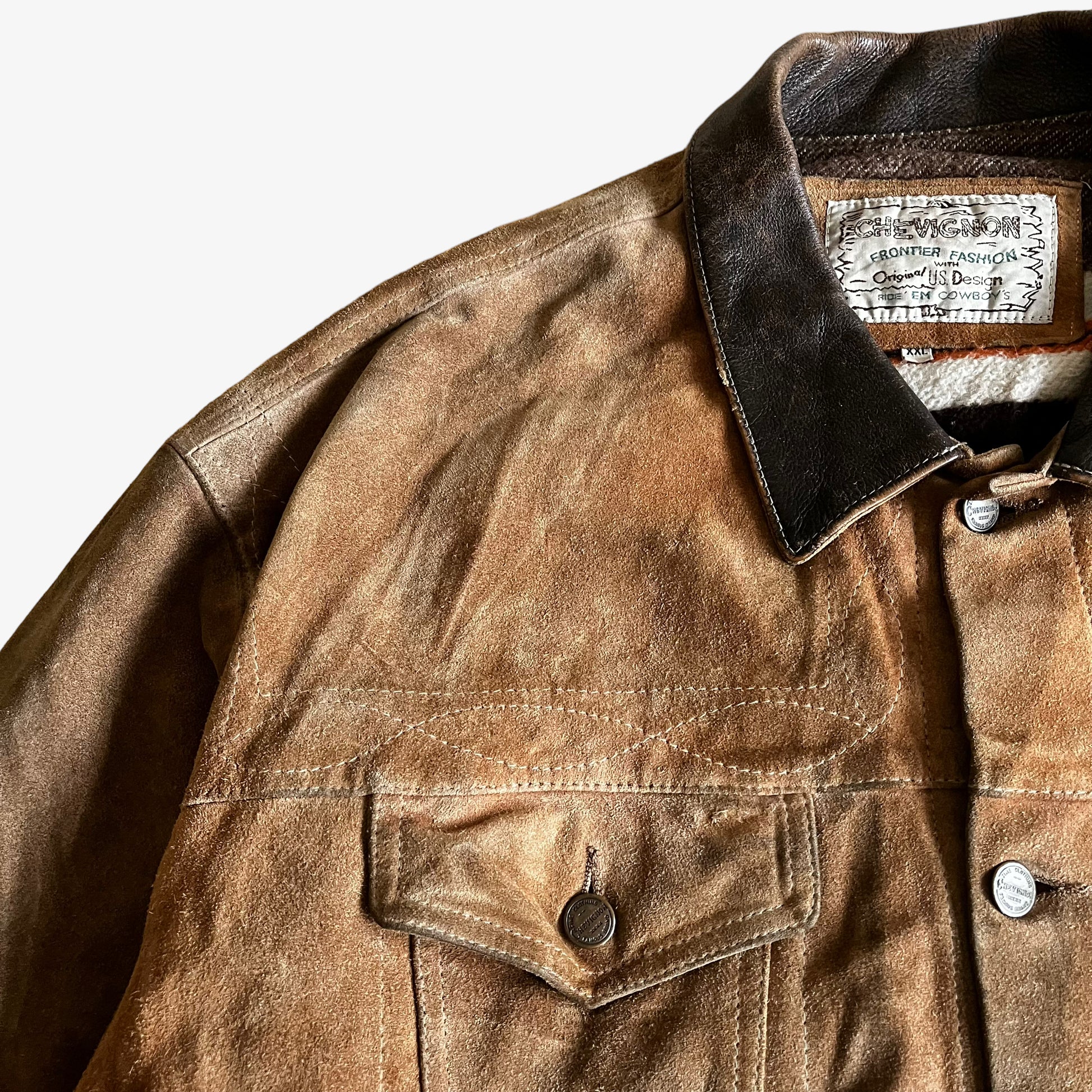 Vintage 90s Chevignon Frontier Brown Leather Trucker Jacket Pocket - Casspios Dream