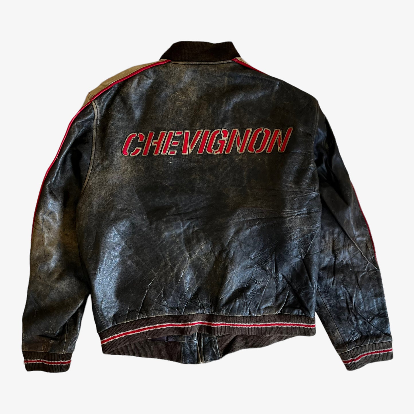 Vintage 90s Chevignon Leather Jacket With Back Spell Out Back - Casspios Dream