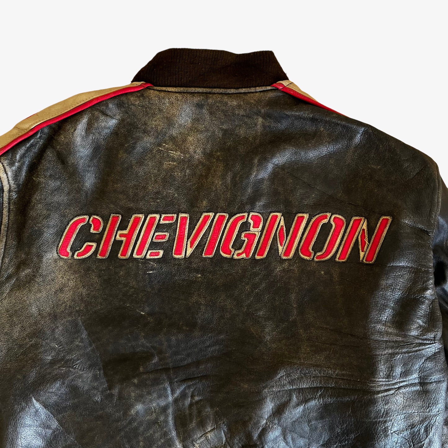 Vintage 90s Chevignon Leather Jacket With Back Spell Out Logo - Casspios Dream