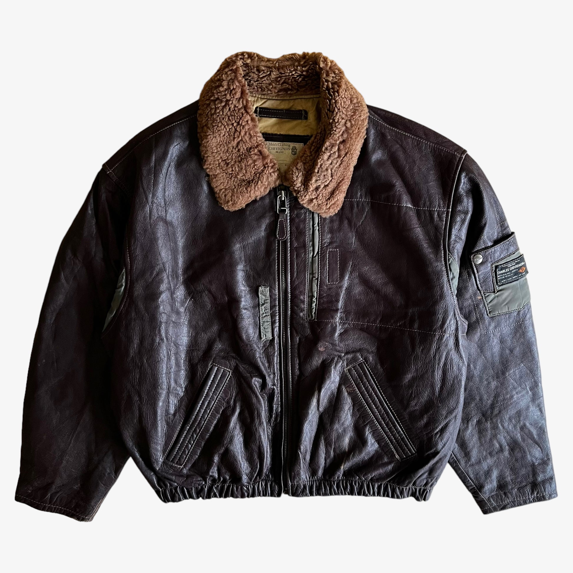 Vintage 90s Chevignon Leather Pilot Jacket With Fur Collar - Casspios Dream