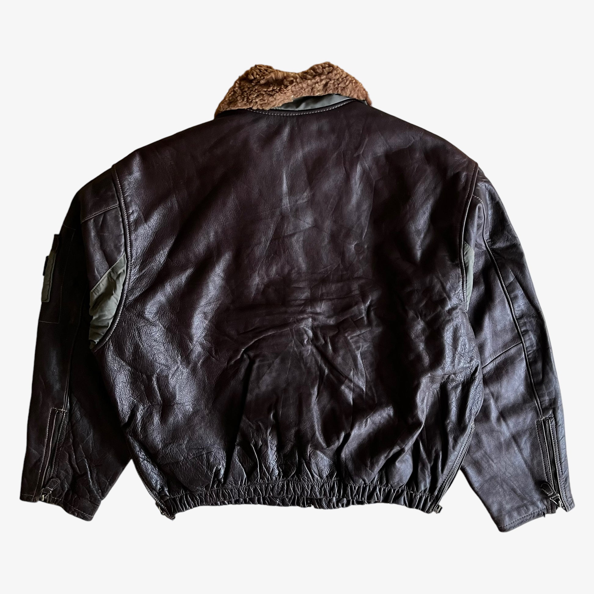 Vintage 90s Chevignon Leather Pilot Jacket With Fur Collar Back - Casspios Dream