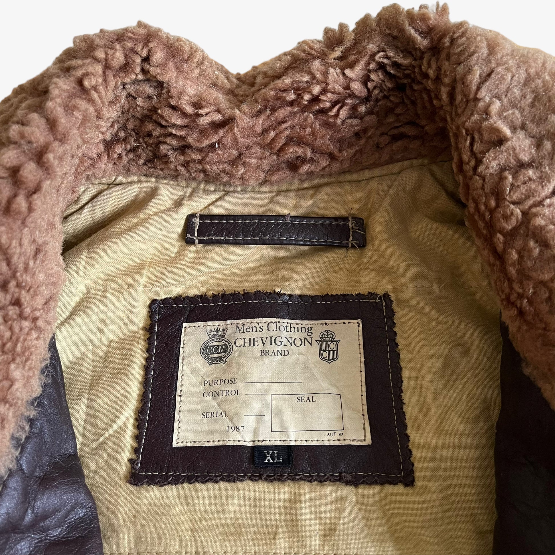Vintage 90s Chevignon Leather Pilot Jacket With Fur Collar Label - Casspios Dream