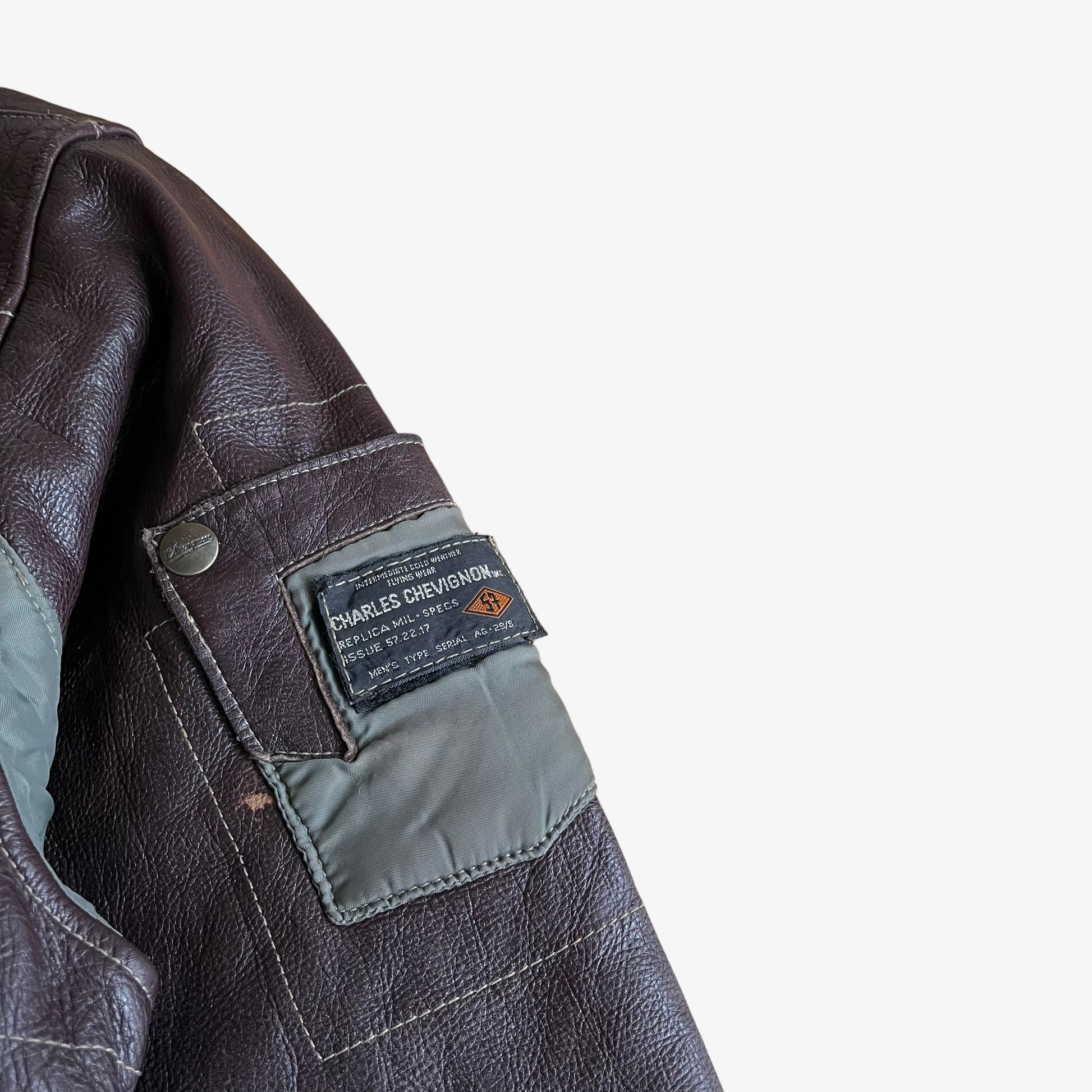Vintage 90s Chevignon Leather Pilot Jacket With Fur Collar Pocket - Casspios Dream