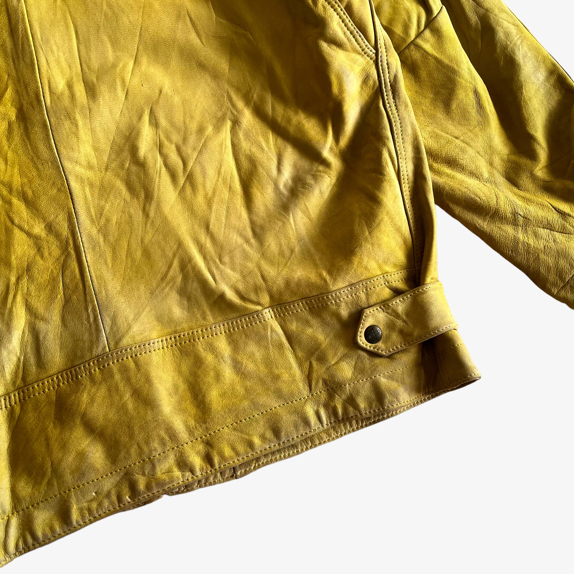 Vintage 90s Chevignon Yellow Leather Driving Jacket Back Hem - Casspios Dream