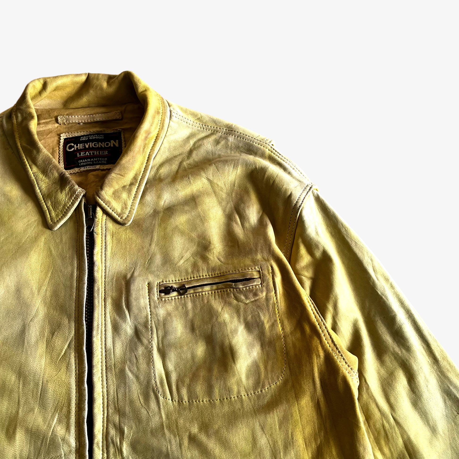 Vintage 90s Chevignon Yellow Leather Driving Jacket Chest - Casspios Dream