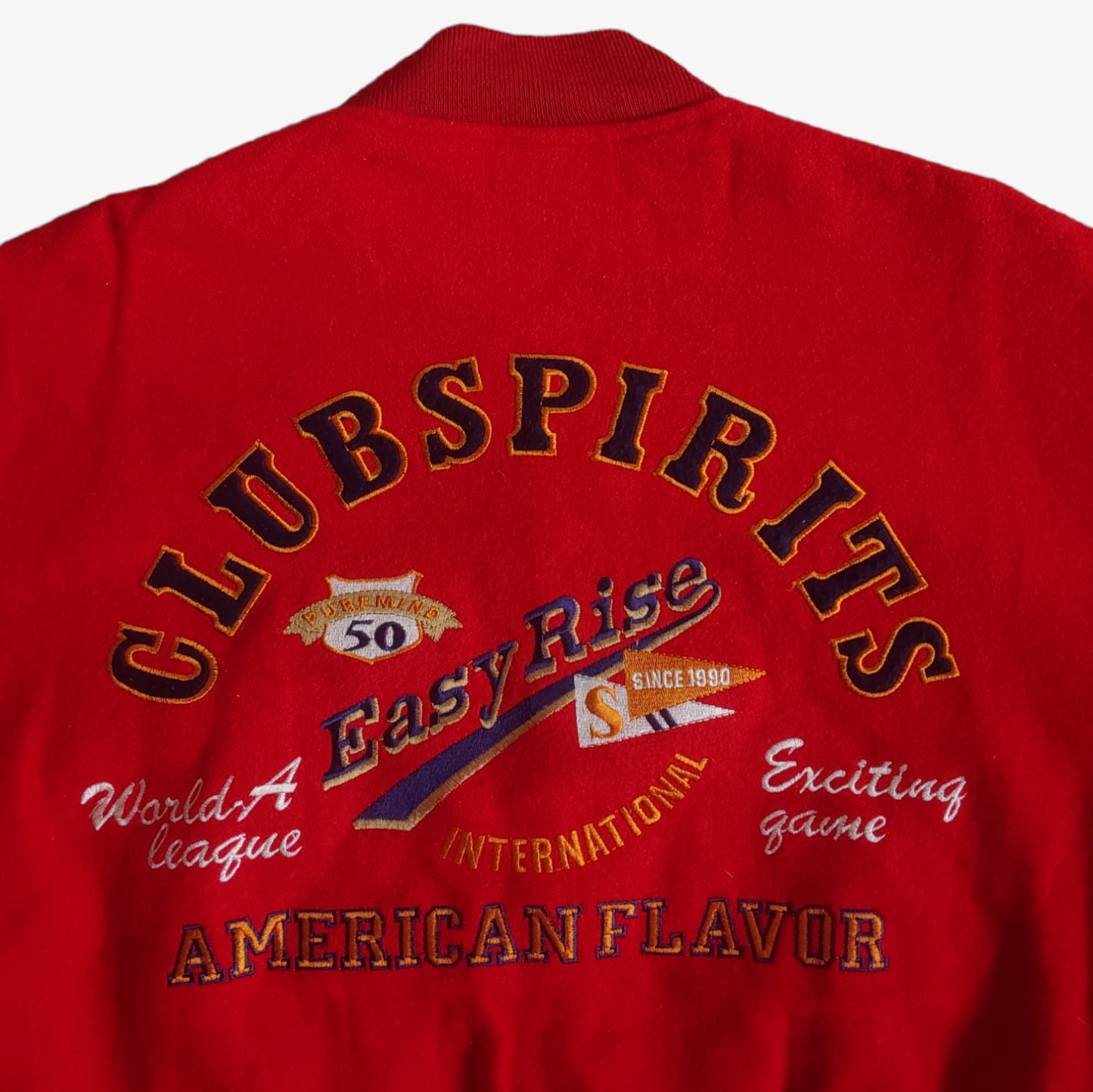 Vintage 90s Club Spirits Easy Rise Wool Red Varsity Jacket Back Logo - Casspios Dream