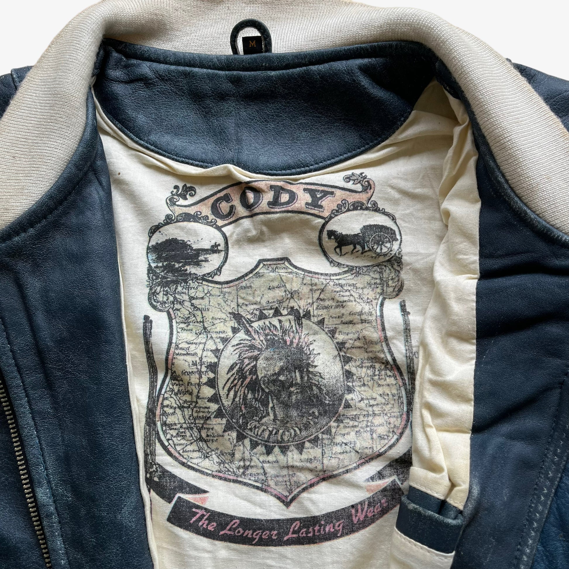 Vintage 90s Cody Blue Leather Varsity Jacket Label - Casspios Dream