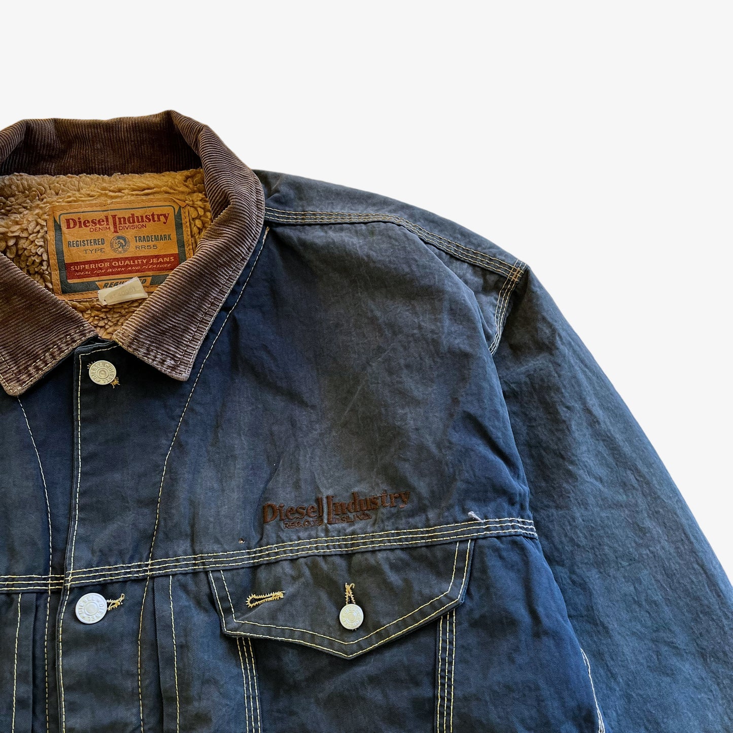 Vintage 90s Diesel Industry Trucker Jacket With Corduroy Collar And Sherpa Lining Logo - Casspios Dream