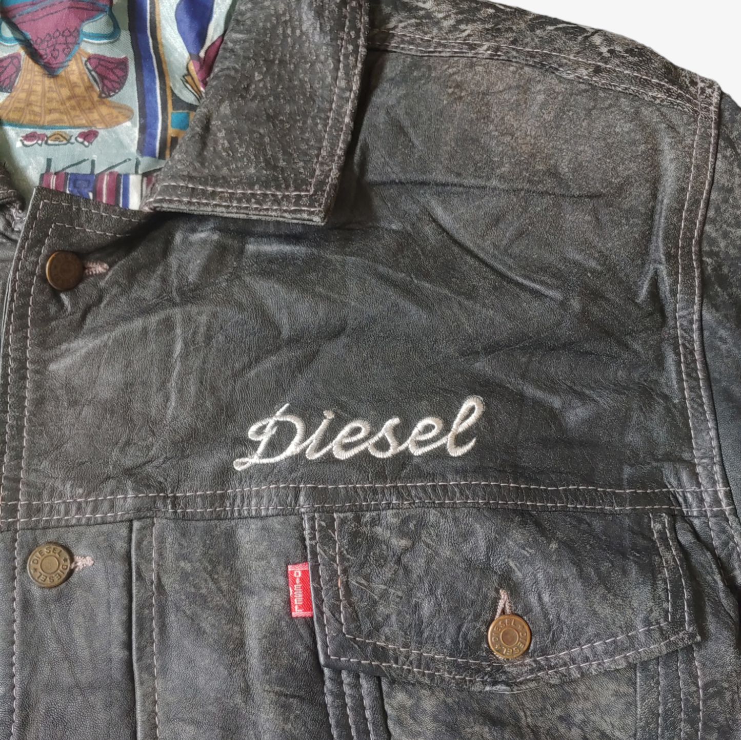Vintage 90s Diesel Only The Brave Black Leather Trucker Jacket With Back Embroidered Face Logo Breast - Casspios Dream