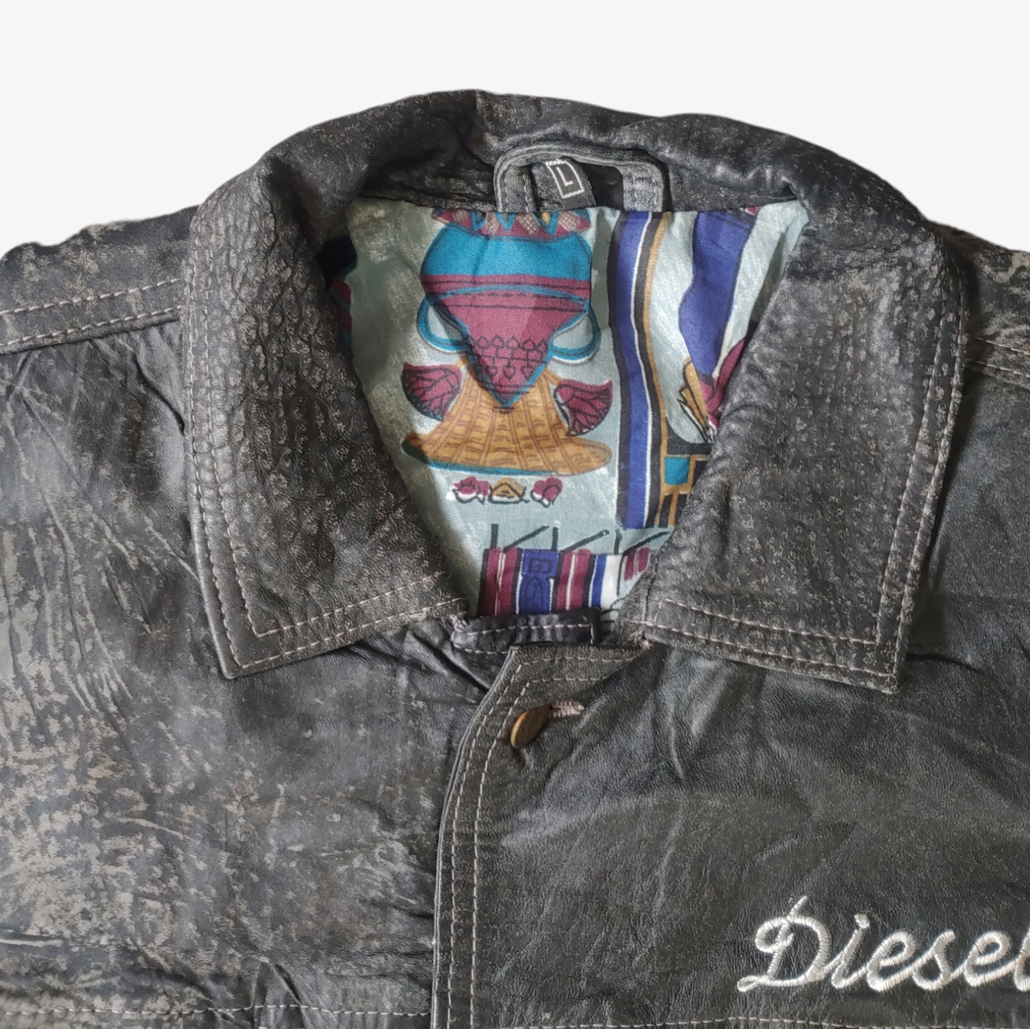 Vintage 90s Diesel Only The Brave Black Leather Trucker Jacket With Back Embroidered Face Logo Label - Casspios Dream