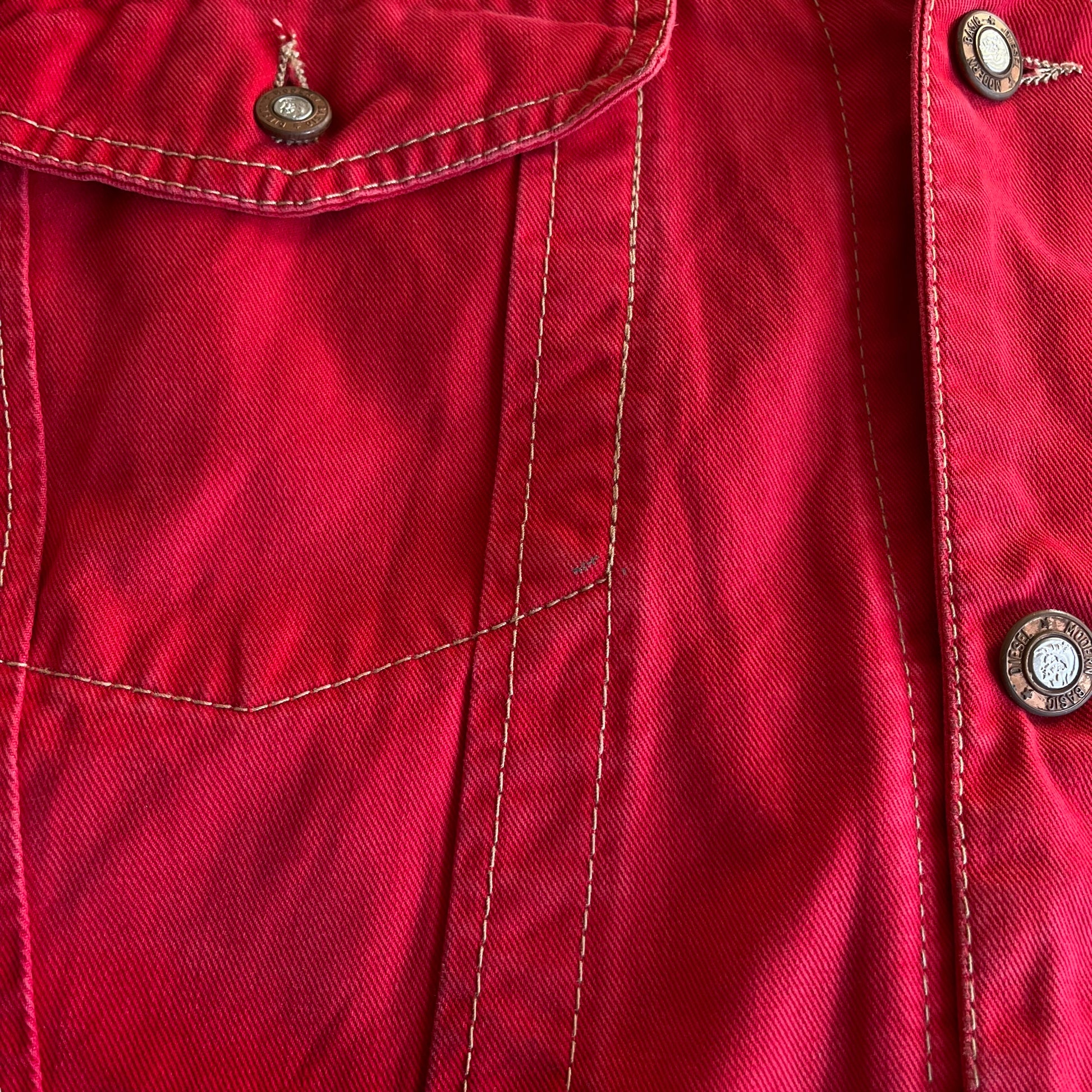 Vintage 90s Diesel Red Trucker Jacket Pocket - Casspios Dream