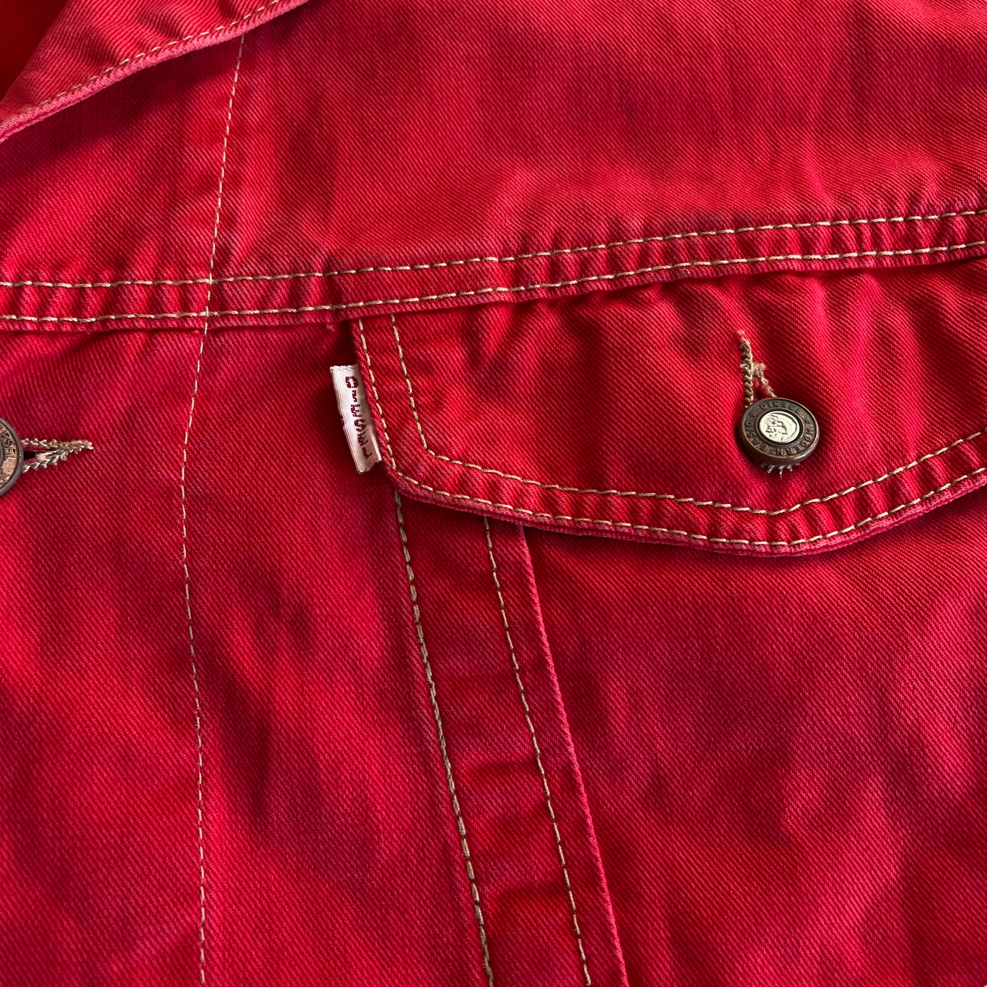 Vintage 90s Diesel Red Trucker Jacket Tag - Casspios Dream