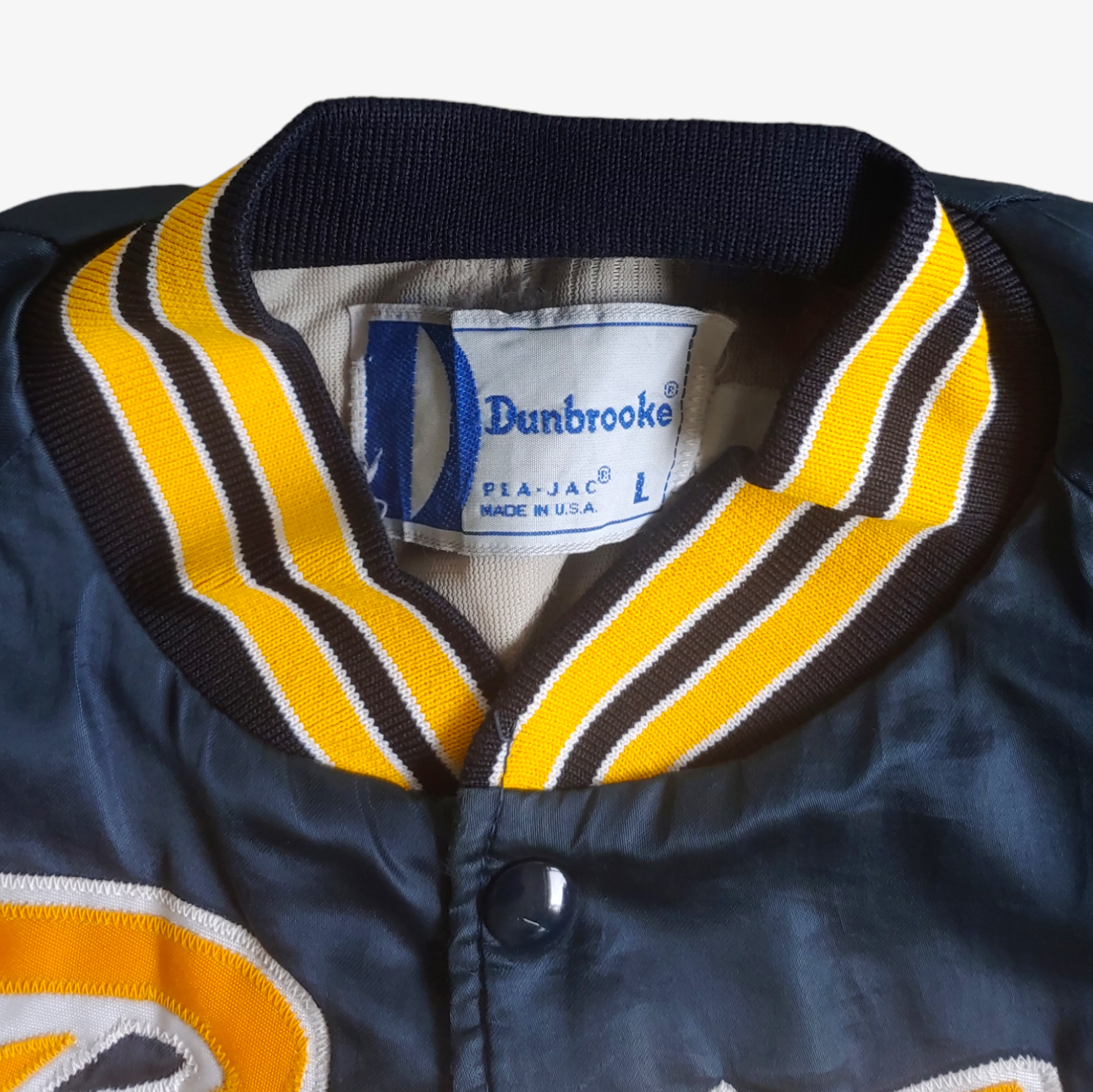 Vintage 90s Dunbrooke Anchorage Alaska Bucs 10 Navy & Yellow Varsity Jacket Label - Casspios Dream