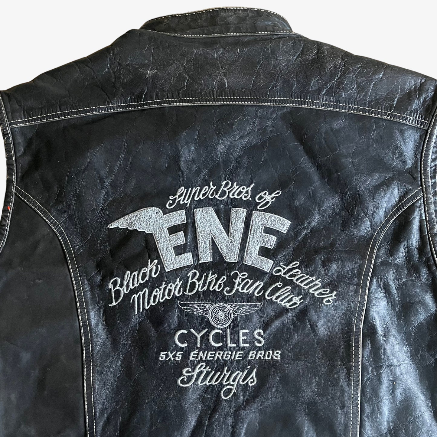 Vintage 90s Energie ENE3 Leather Biker Vest With Back Spell Out Embroidered - Casspios Dream