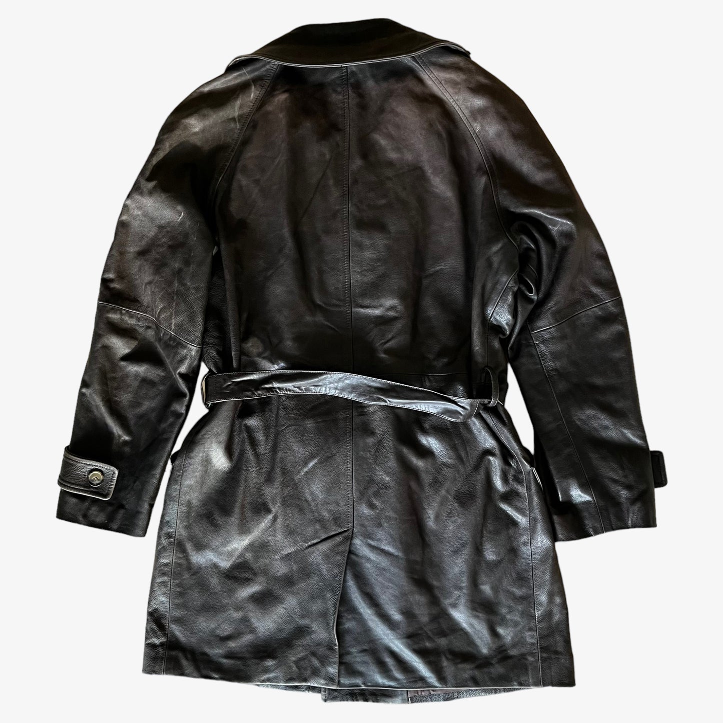 Vintage 90s Gianfranco Ferre Studio Leather Double Breasted Coat With Original Belt Back - Casspios Dream