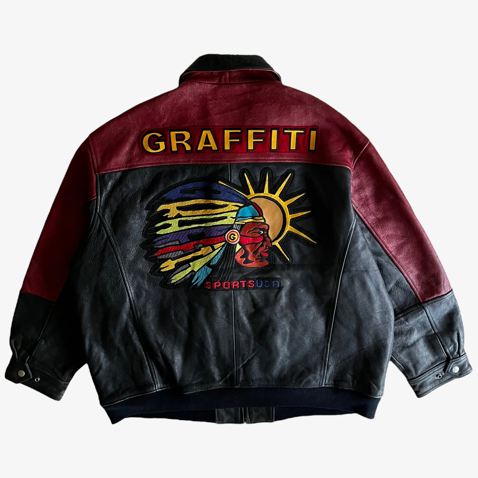 Vintage 90s Graffiti Chief Leather Varsity Jacket Back - Casspios Dream