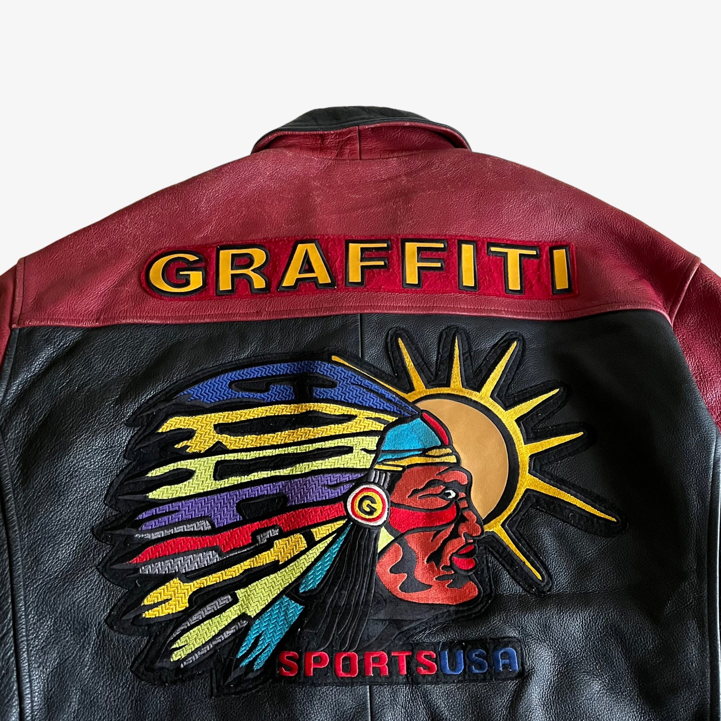 Vintage 90s Graffiti Chief Leather Varsity Jacket Back Embroidered - Casspios Dream