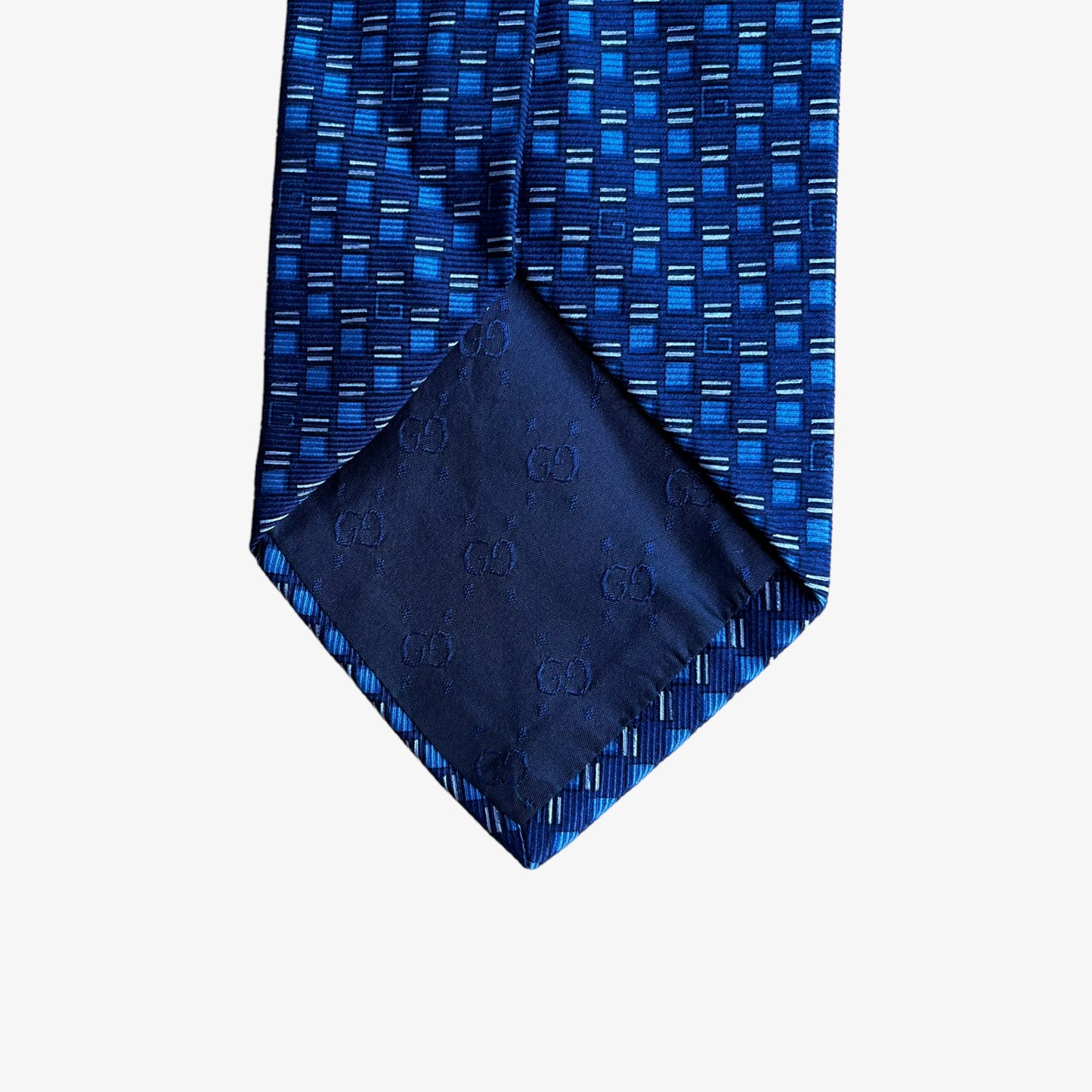 Vintage 90s Gucci Double G Geometric Monogram Blue Silk Tie Back - Casspios Dream
