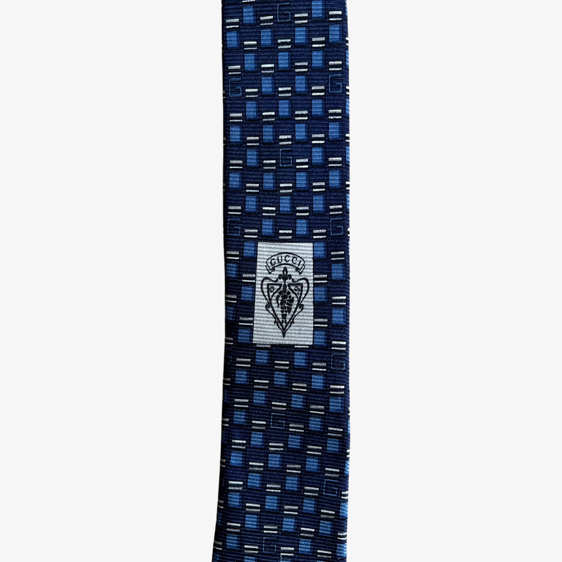 Vintage 90s Gucci Double G Geometric Monogram Blue Silk Tie Logo - Casspios Dream