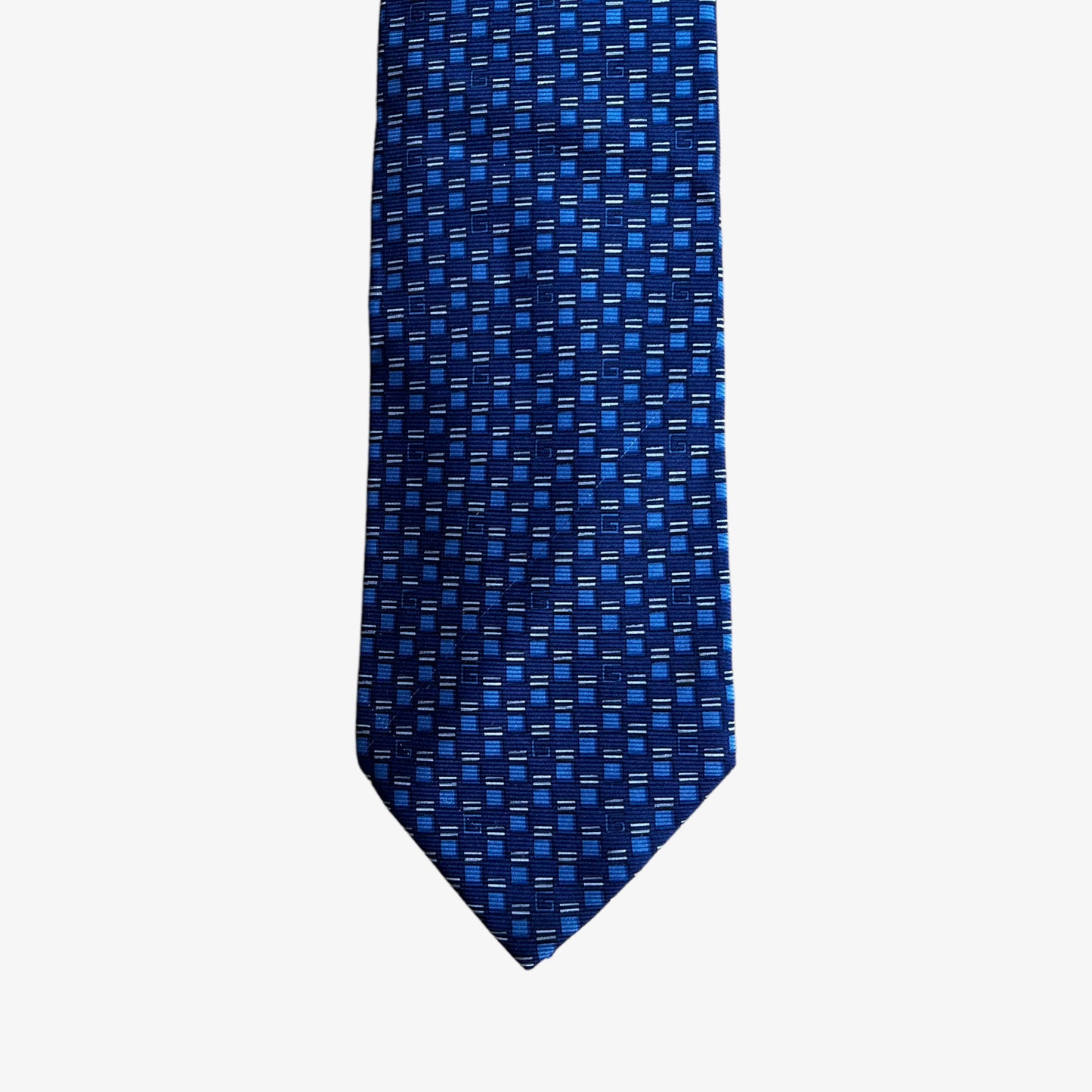 Vintage 90s Gucci Double G Geometric Monogram Blue Silk Tie Pattern - Casspios Dream