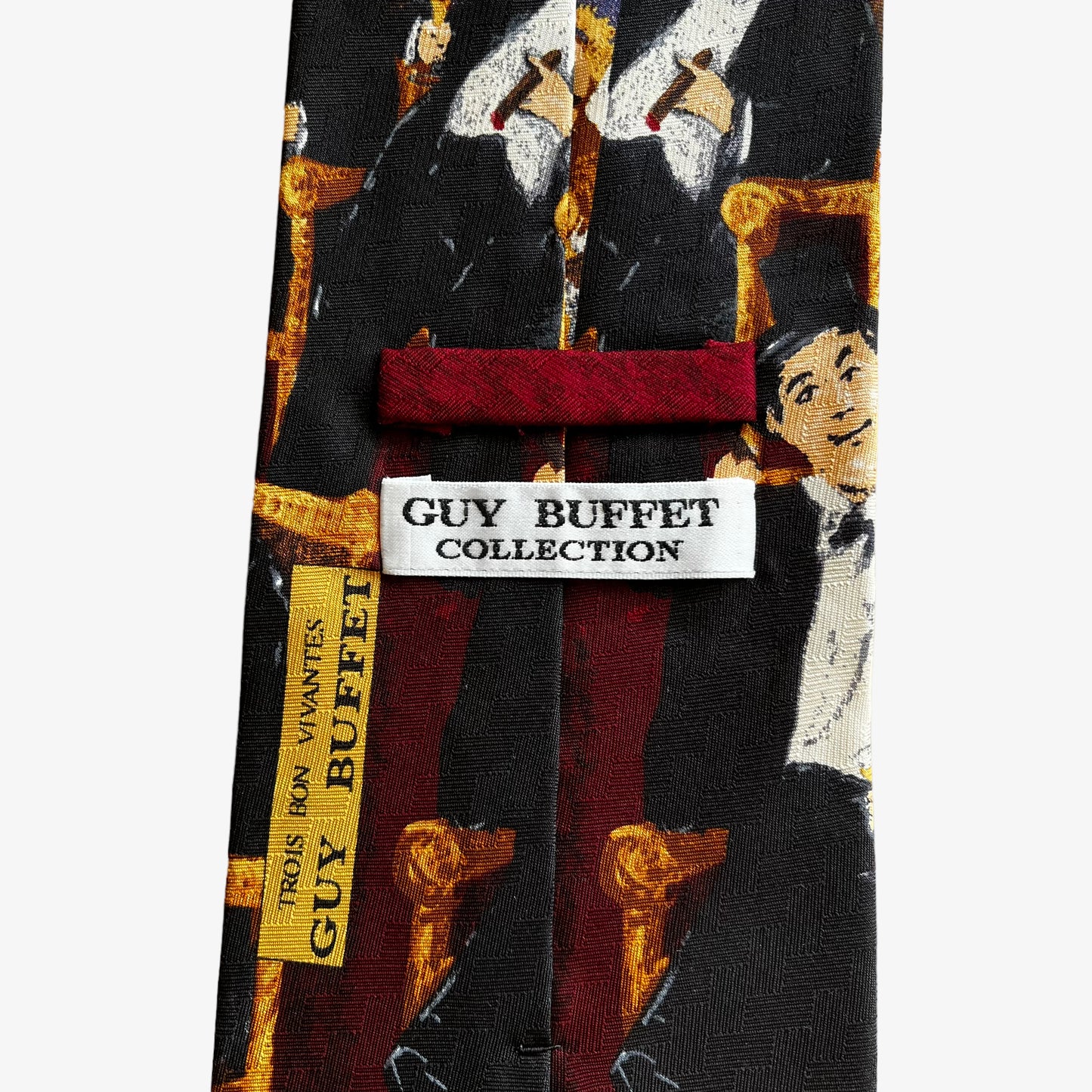 Vintage 90s Guy Buffet Trois Bon Vivantes Print Silk Tie Label - Casspios Dream