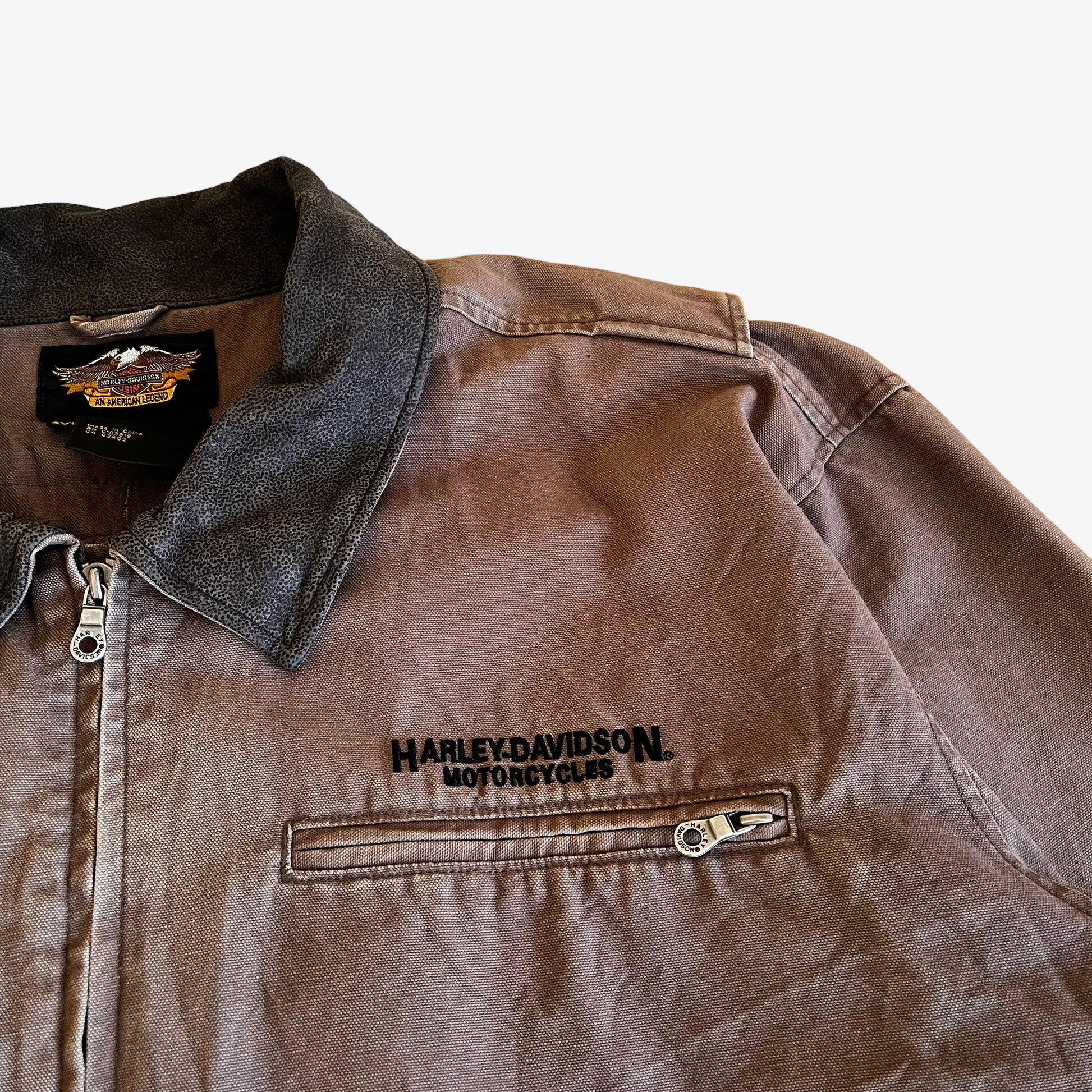 Vintage 90s Harley Davidson Workwear Jacket With Leather Collar Pocket - Casspios Dream