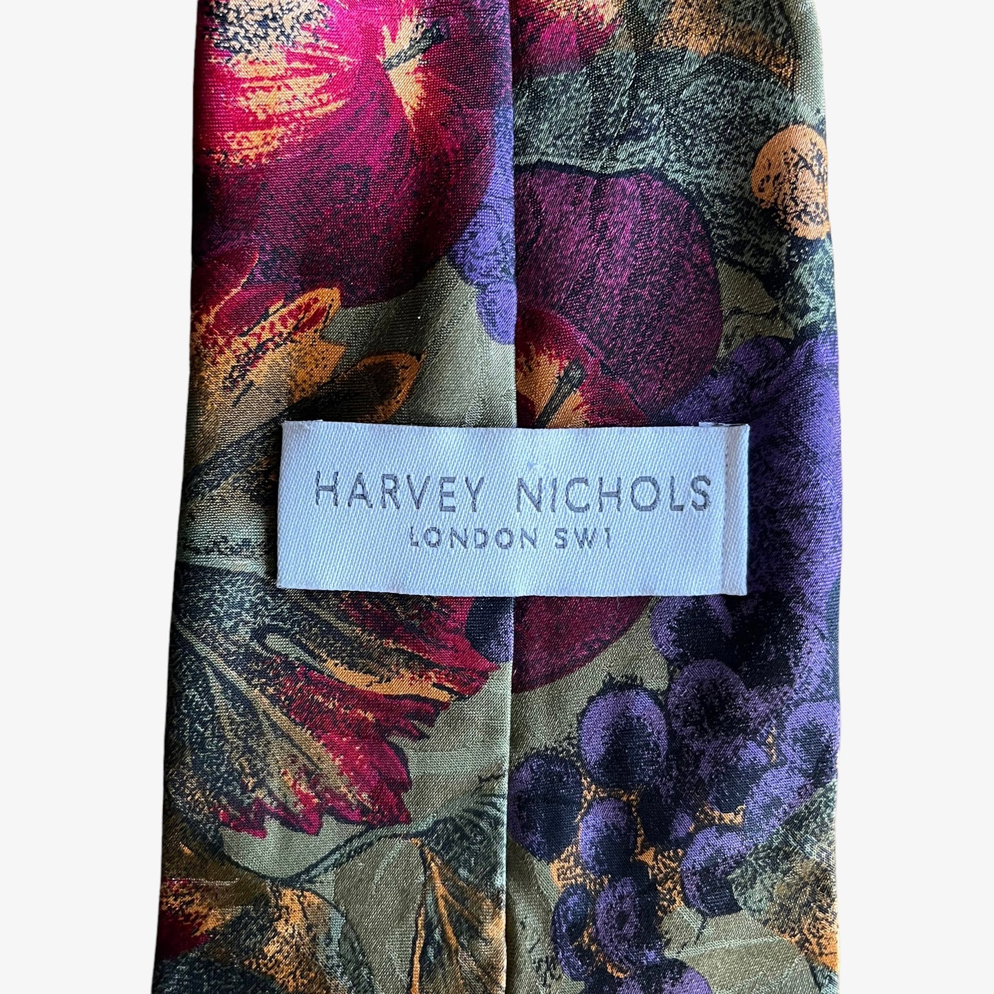 Vintage 90s Harvey Nichols Fruit Bowl Print Green Silk Tie Label - Casspios Dream