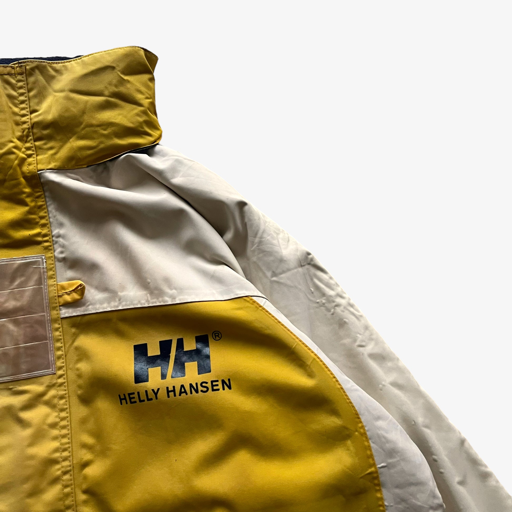Vintage 90s Helly Hansen Yellow Sailing Jacket With Fold Away Hood Logo - Casspios Dream