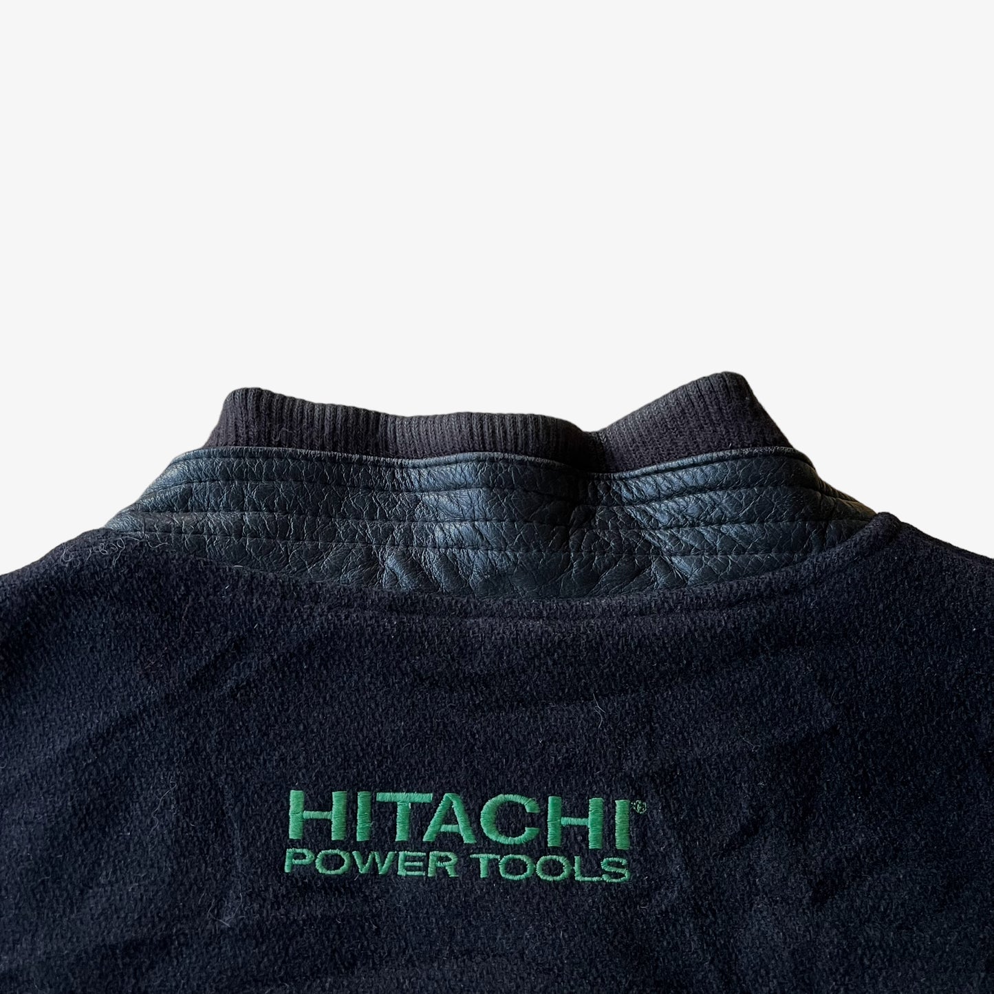 Vintage 90s Hitachi Black Leather Varsity Jacket Back Collar - Casspios Dream