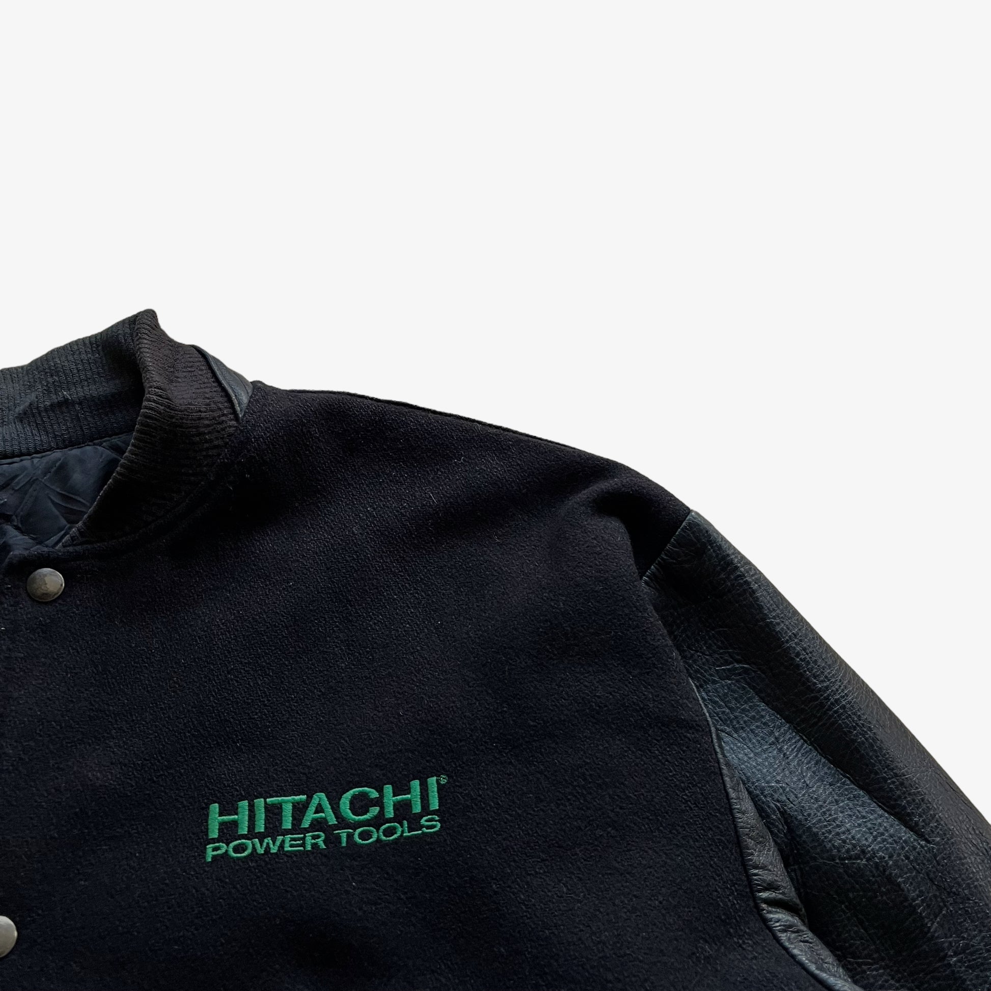 Vintage 90s Hitachi Black Leather Varsity Jacket Logo - Casspios Dream