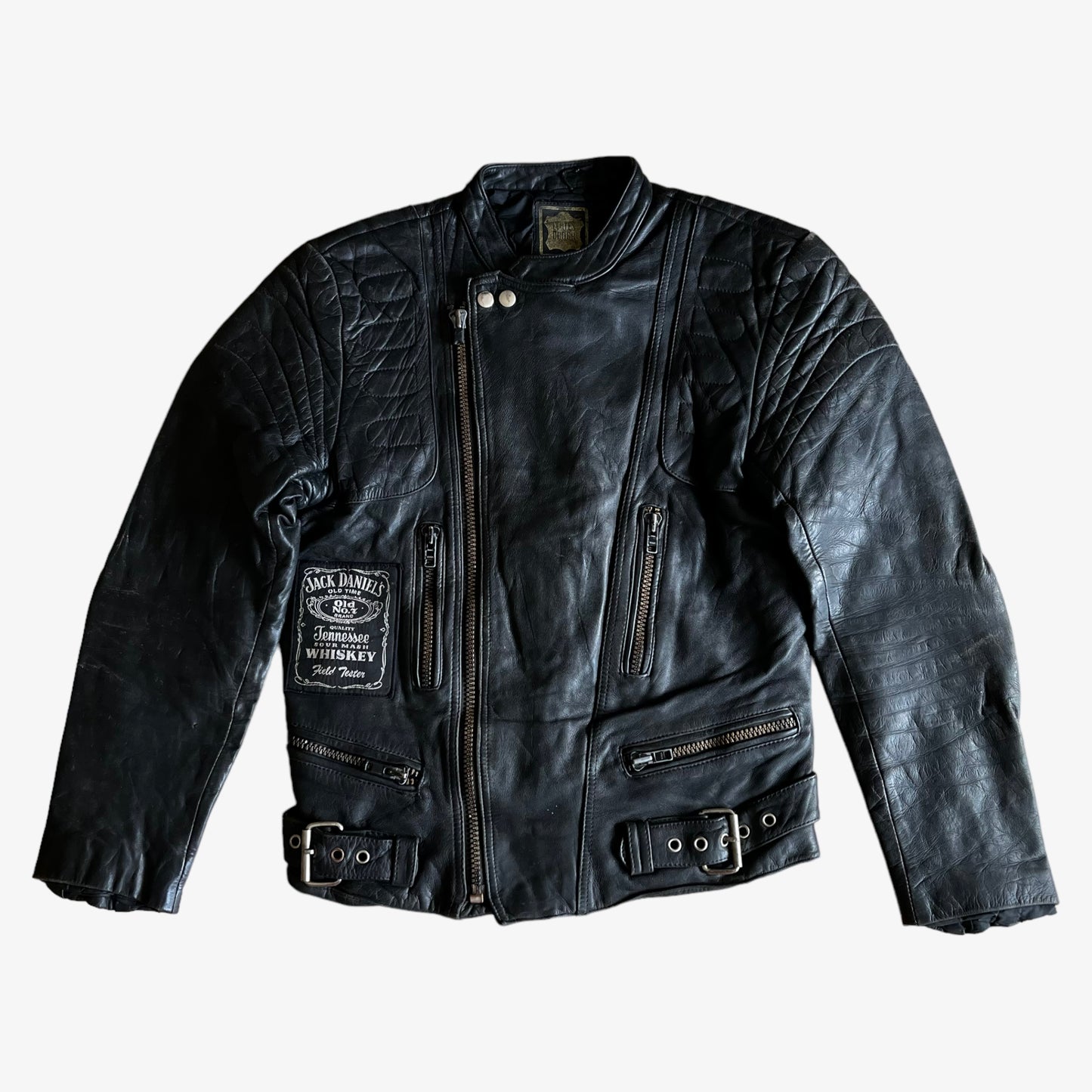 Vintage 90s Jack Daniels Whiskey Black Leather Biker Jacket - Casspios Dream