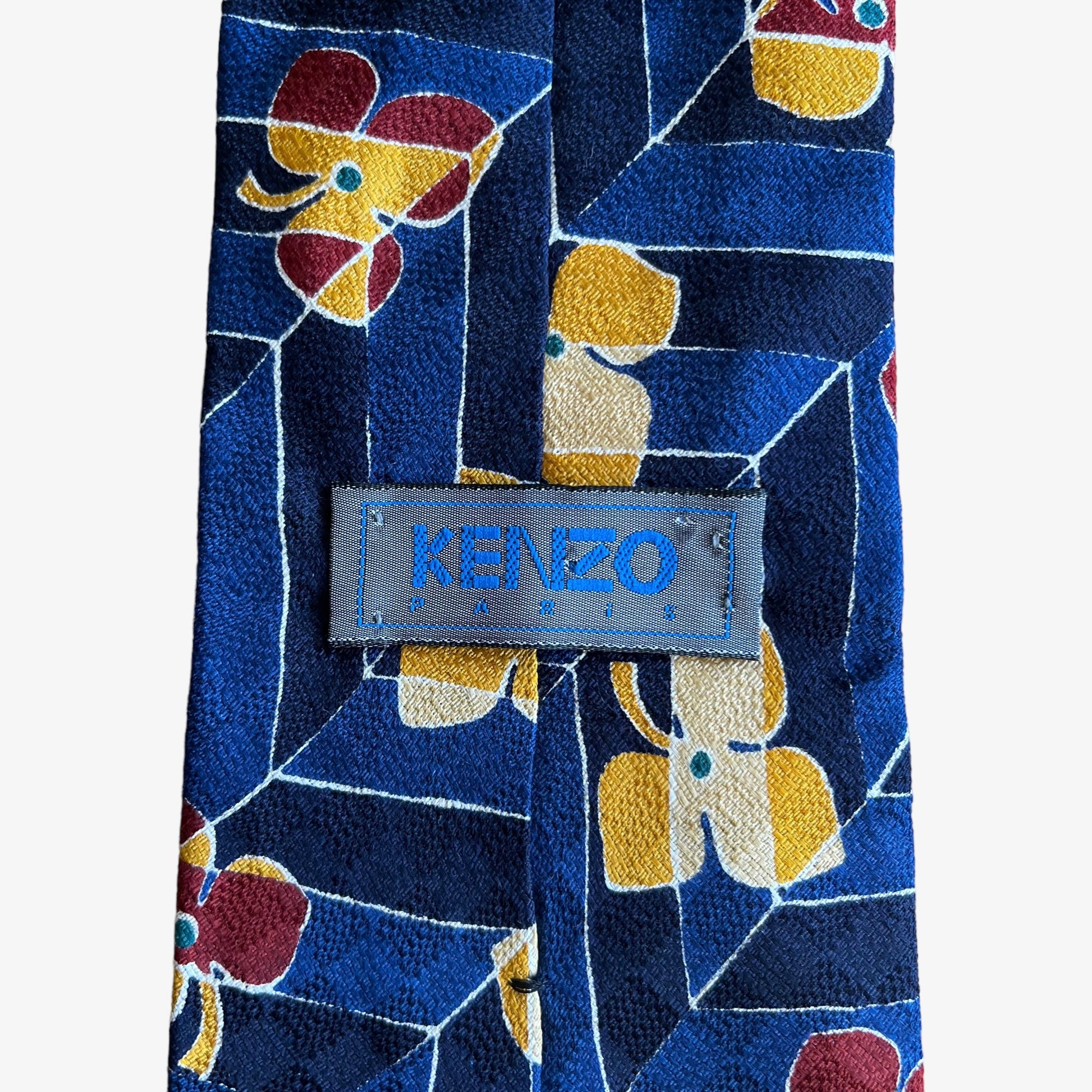 Vintage 90s Kenzo Paris Abstract Floral Navy Silk Tie Label - Casspios Dream