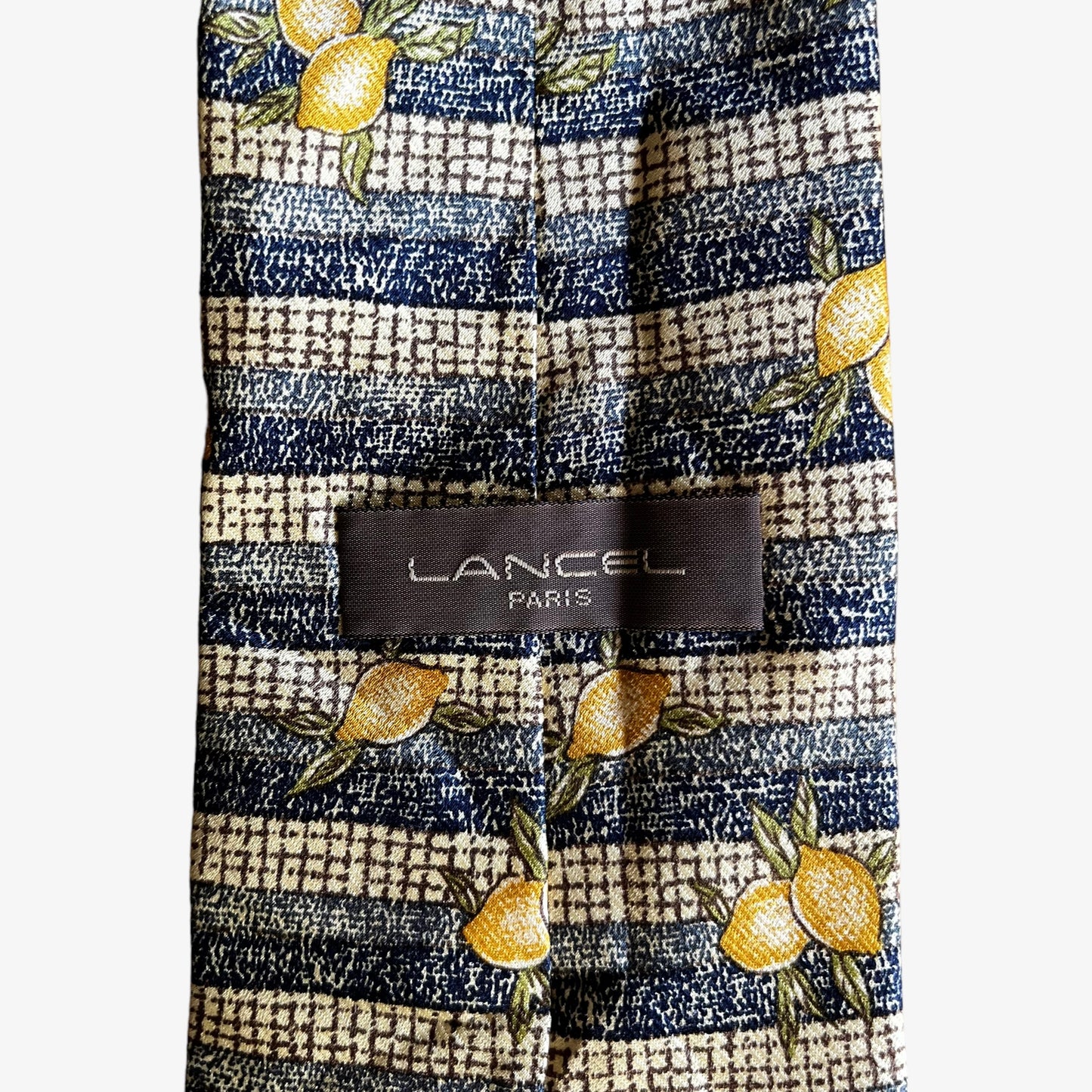 Vintage 90s Lancel Paris Lemon Tree Geometric Print Striped Silk Tie Label - Casspios Dream