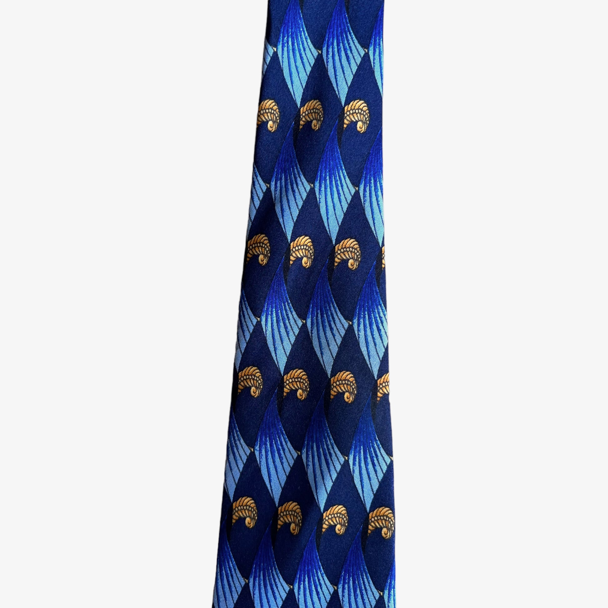 Vintage 90s Lanvin Art Deco Feather Shell Print Blue Silk Tie Collar - Casspios Dream