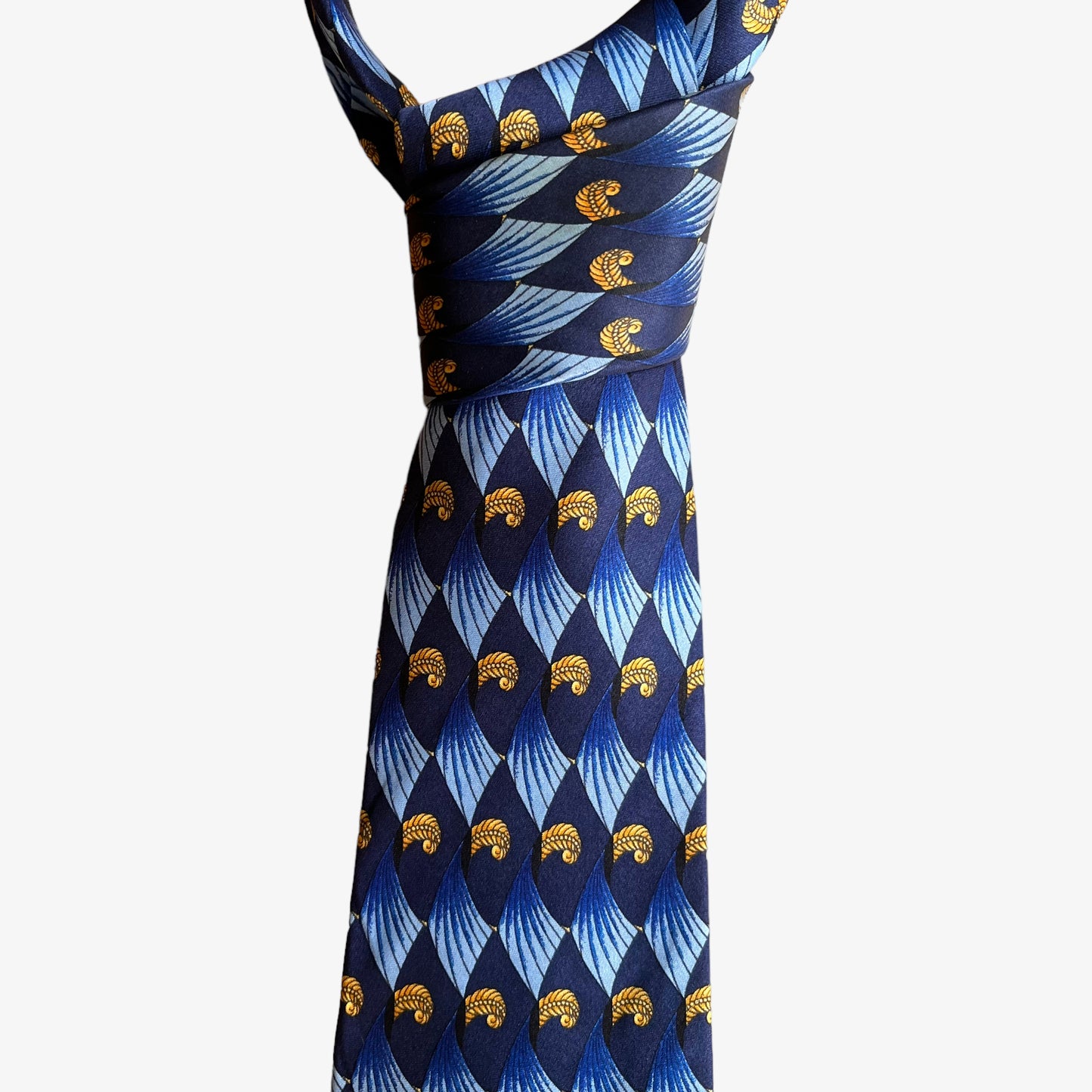 Vintage 90s Lanvin Art Deco Feather Shell Print Blue Silk Tie Knotted - Casspios Dream