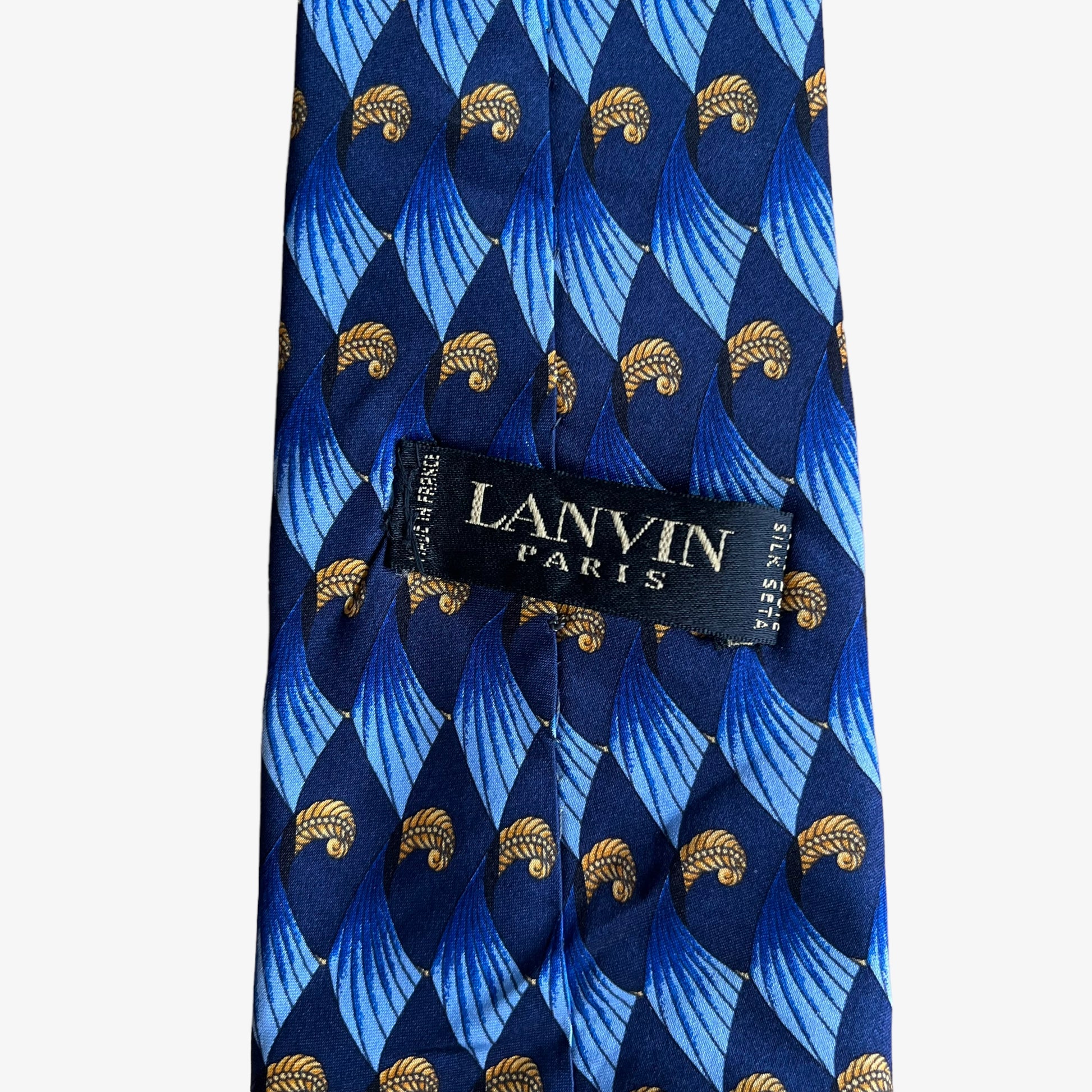 Vintage 90s Lanvin Art Deco Feather Shell Print Blue Silk Tie Label - Casspios Dream