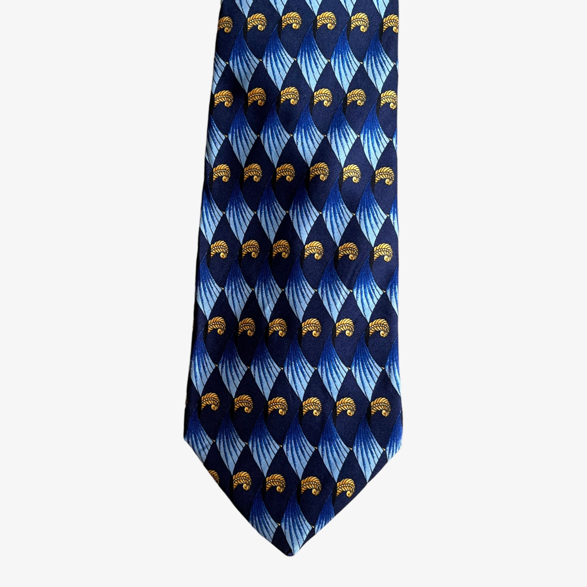 Vintage 90s Lanvin Art Deco Feather Shell Print Blue Silk Tie Pattern - Casspios Dream