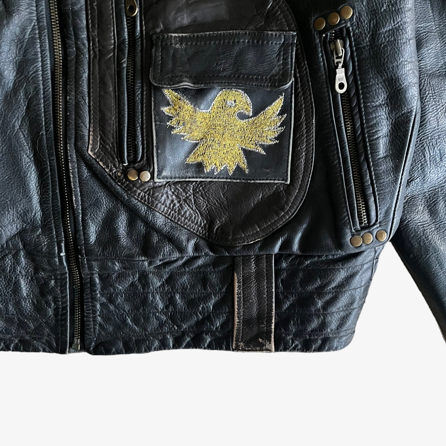 Vintage 90s Leather Biker Jacket With Embroidered Eagle Golden - Casspios Dream