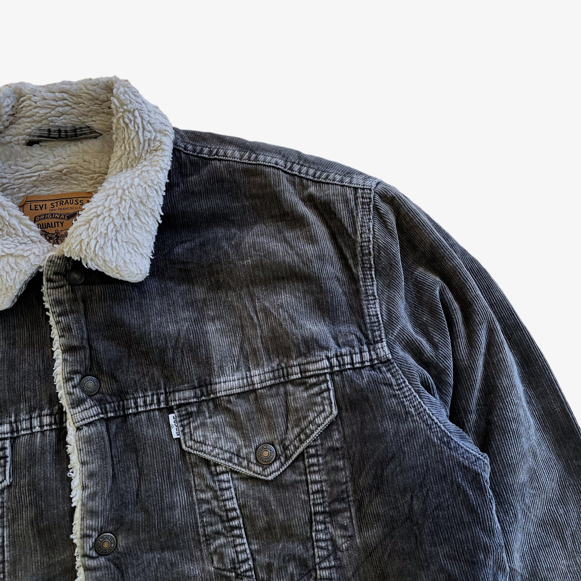 Vintage 90s Levis 71500 Grey Corduroy Jacket With Faux Sherpa Lining Pocket - Casspios Dream