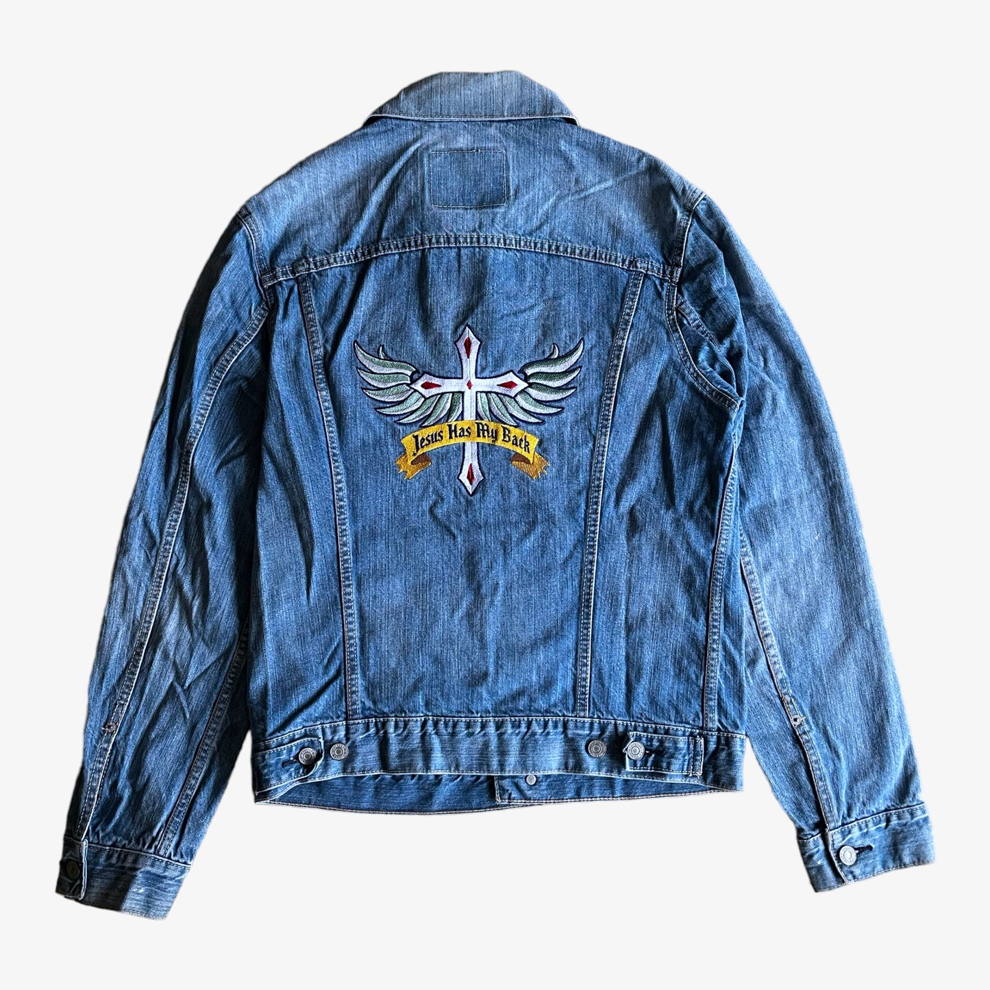 Vintage 90s Levis Jesus Christ Has My Back Embroidered Blue Denim Trucker Jacket Back - Casspios Dream
