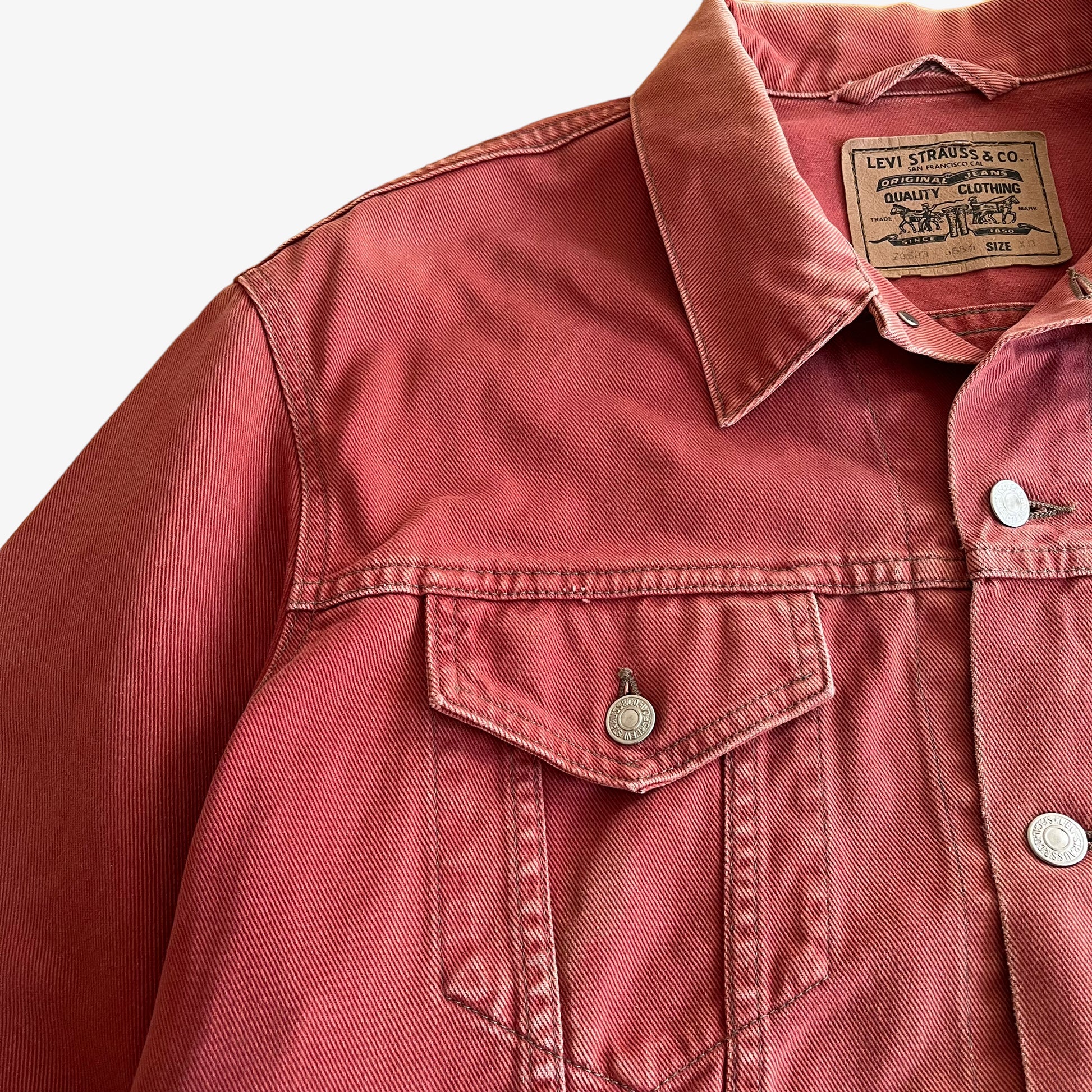 Vintage 90s Levis Salmon Denim Trucker Jacket Pockets - Casspios Dream
