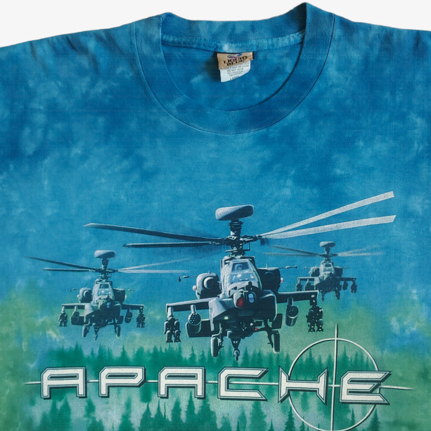 Vintage 90s Liquid Blue Apache Boeing AH-64D Longbow Tie Dye Single Stitch Top Graphic - Casspios Dream
