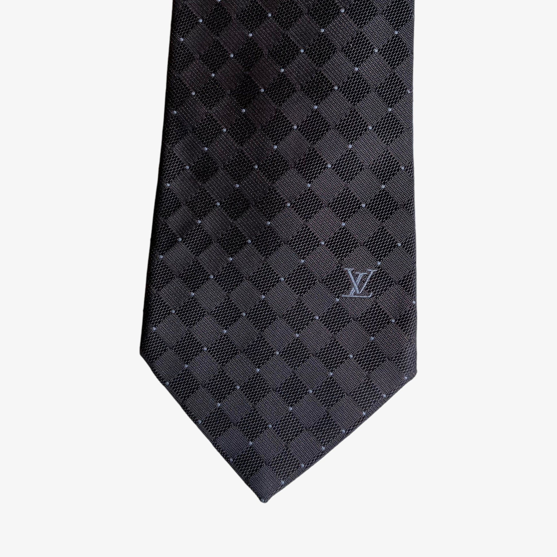 Vintage 90s Louis Vuitton Geometric Print Black Silk Tie LV Logo - Casspios Dream